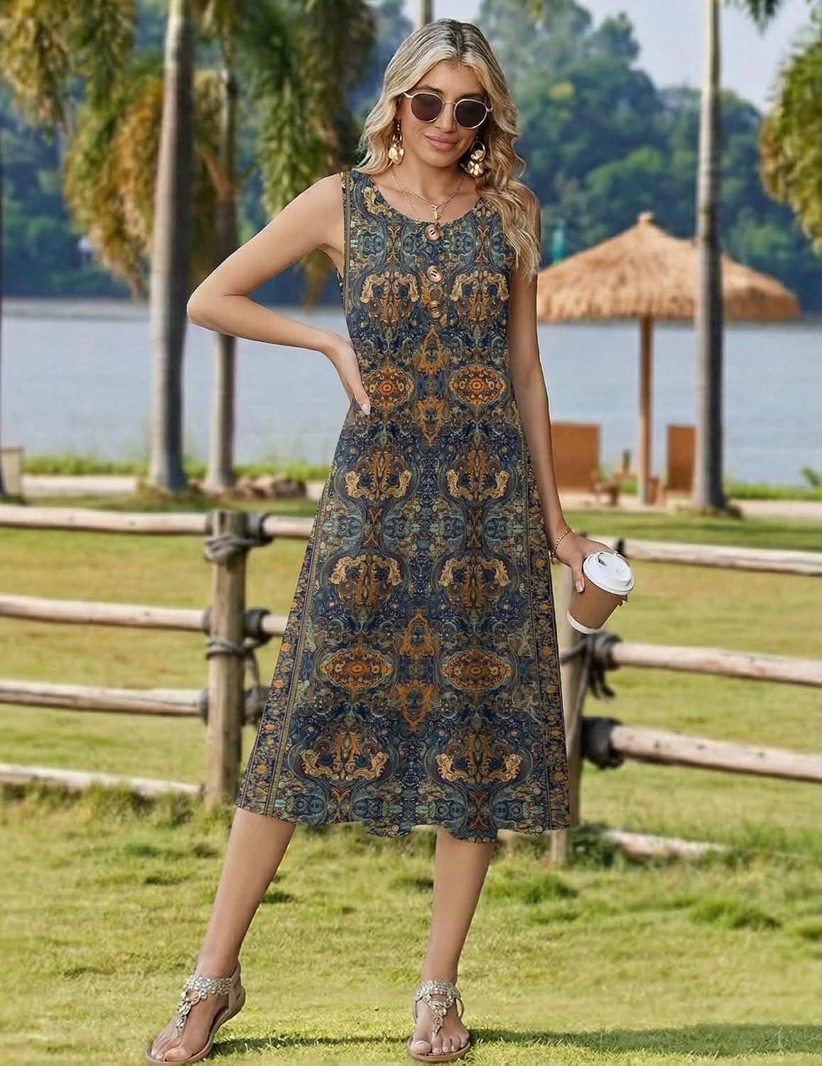 image:imageZeagoo Women Beach Summer Midi Dress 2026 Sleeveless Casual Beachy Sundress Button Down Loose Tank Dresses with PocketsEthnic Blue