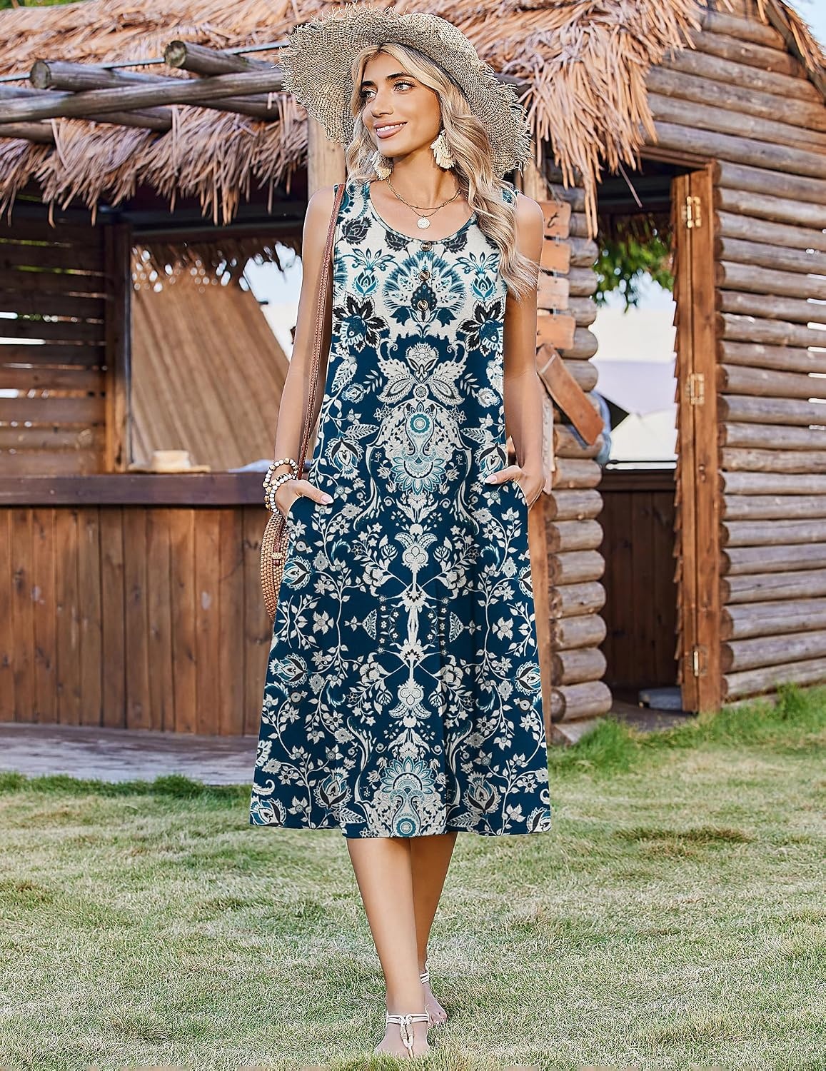 image:imageZeagoo Women Beach Summer Midi Dress 2026 Sleeveless Casual Beachy Sundress Button Down Loose Tank Dresses with PocketsEthnic Navy Blue