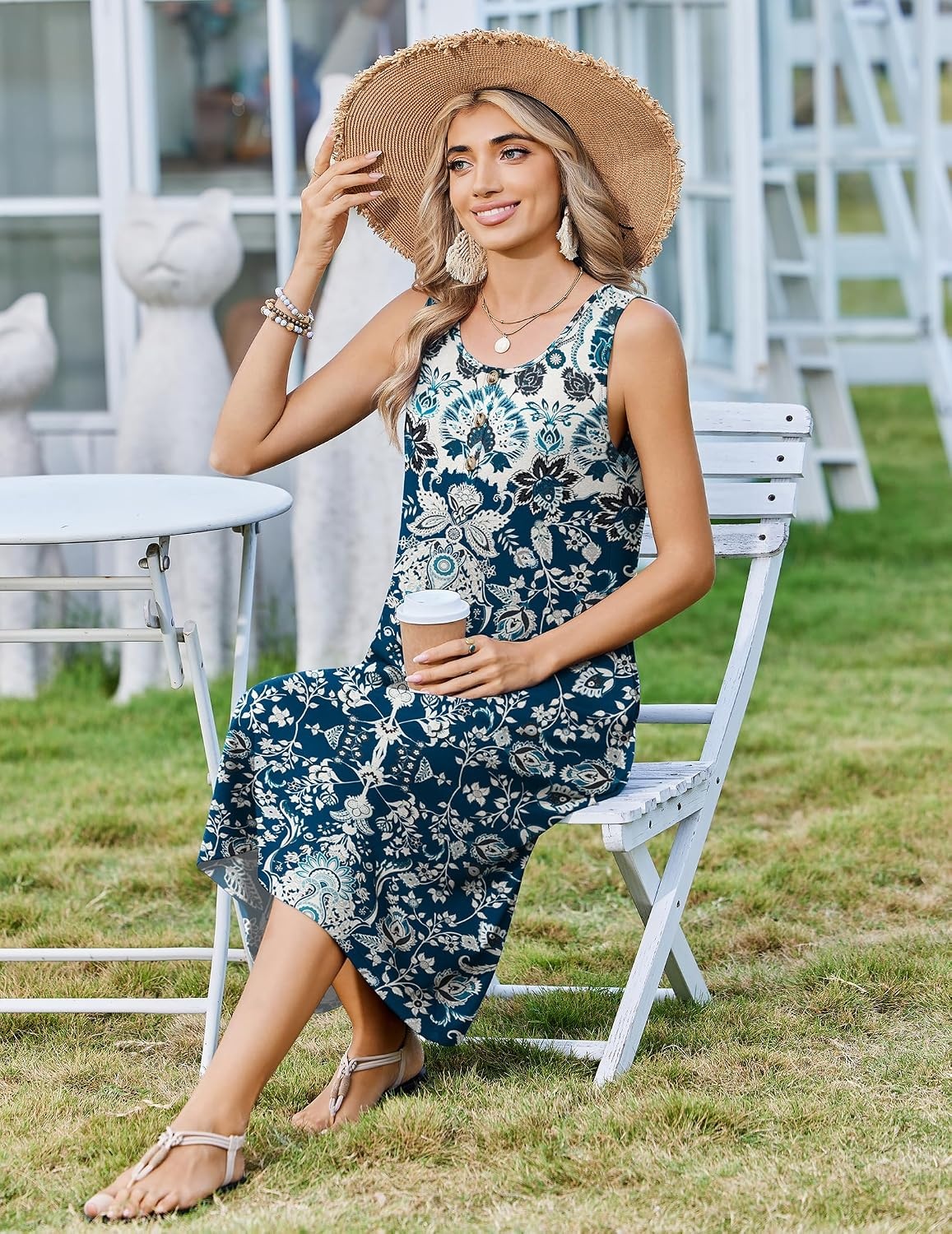 image:imageZeagoo Women Beach Summer Midi Dress 2026 Sleeveless Casual Beachy Sundress Button Down Loose Tank Dresses with PocketsEthnic Navy Blue
