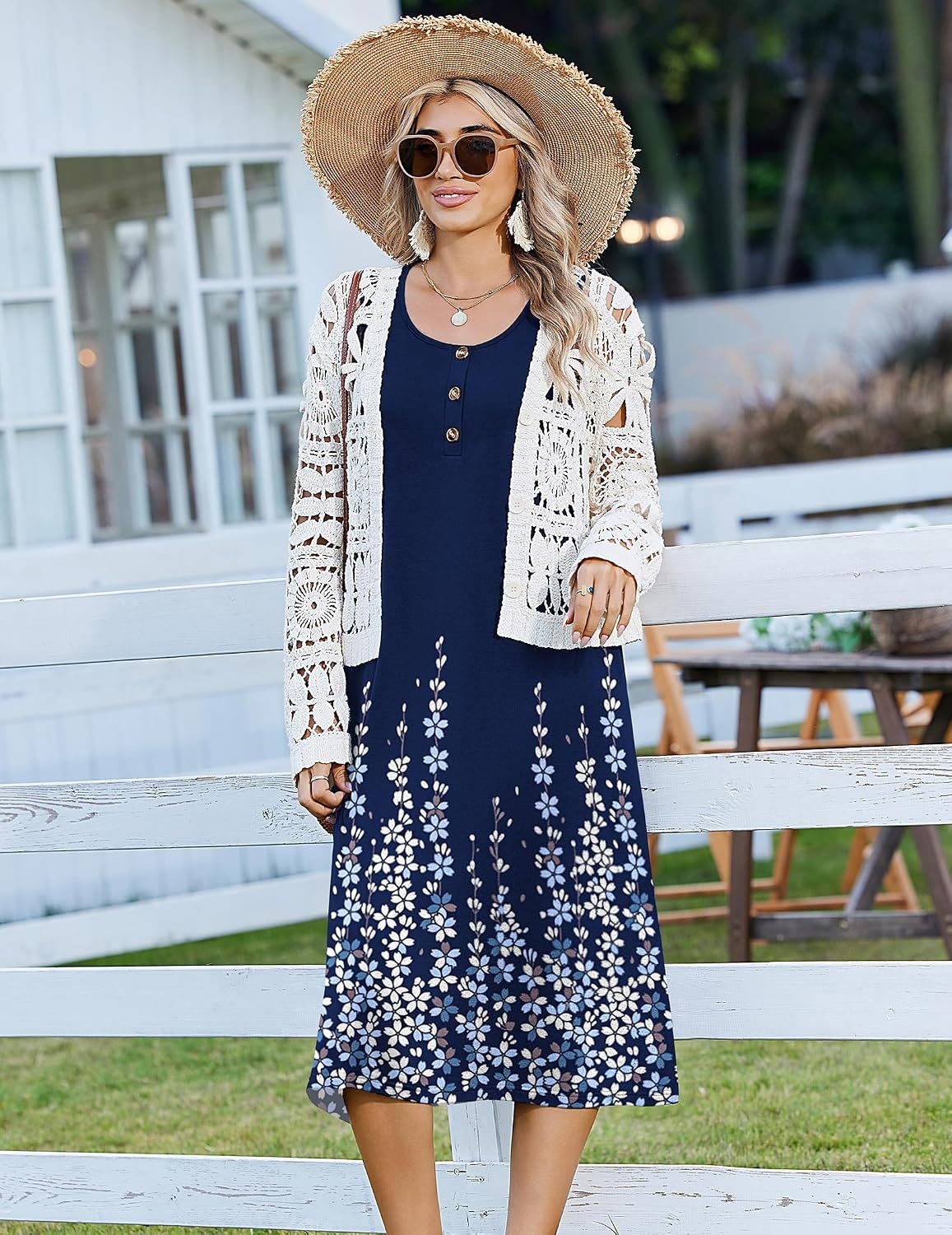 image:imageZeagoo Women Beach Summer Midi Dress 2026 Sleeveless Casual Beachy Sundress Button Down Loose Tank Dresses with PocketsFloral Blue