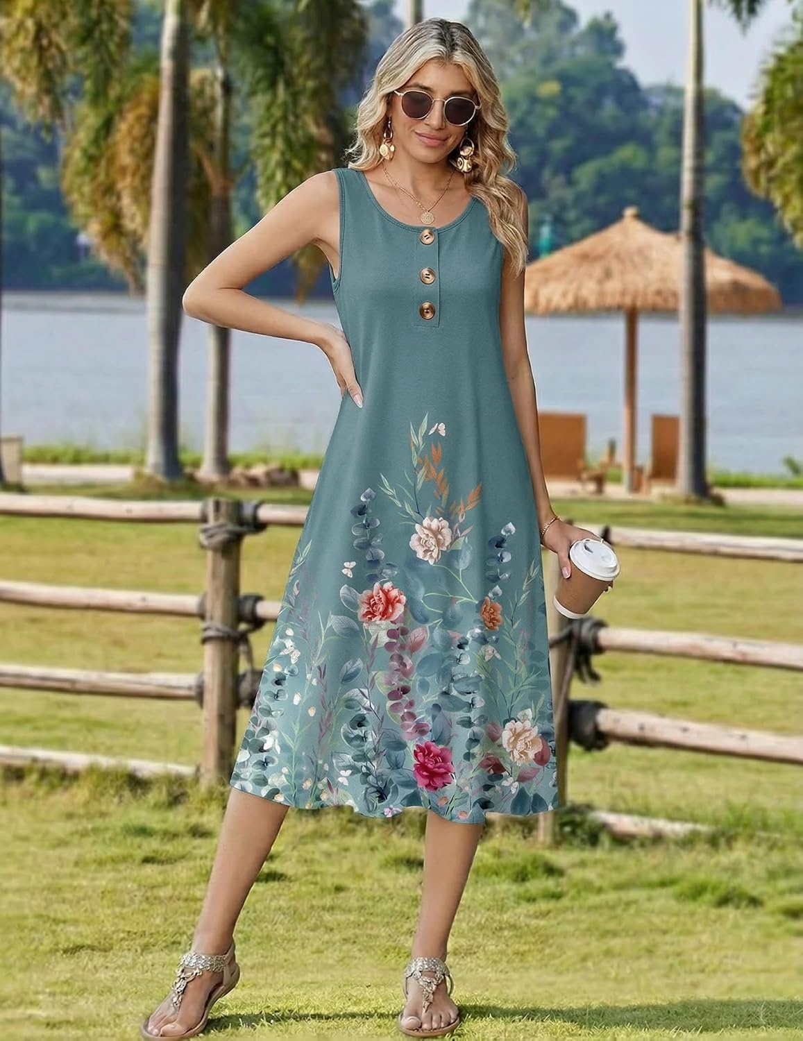 image:imageZeagoo Women Beach Summer Midi Dress 2026 Sleeveless Casual Beachy Sundress Button Down Loose Tank Dresses with PocketsFloral Gray Green