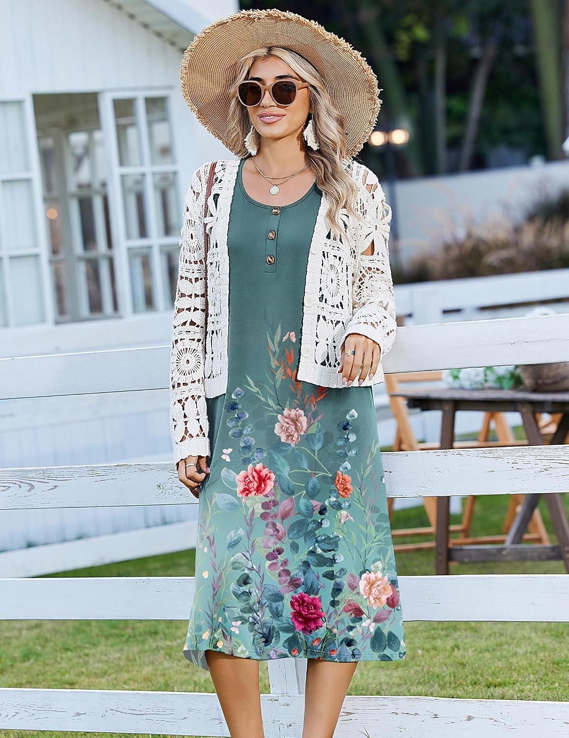 image:imageZeagoo Women Beach Summer Midi Dress 2026 Sleeveless Casual Beachy Sundress Button Down Loose Tank Dresses with PocketsFloral Gray Green