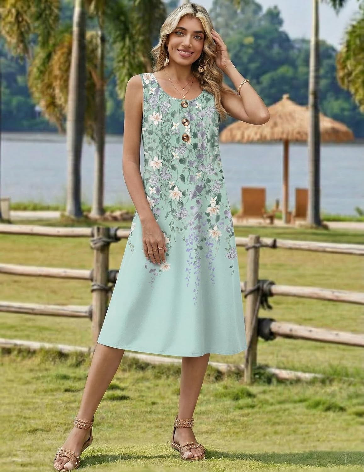 image:imageZeagoo Women Beach Summer Midi Dress 2026 Sleeveless Casual Beachy Sundress Button Down Loose Tank Dresses with PocketsFloral Green