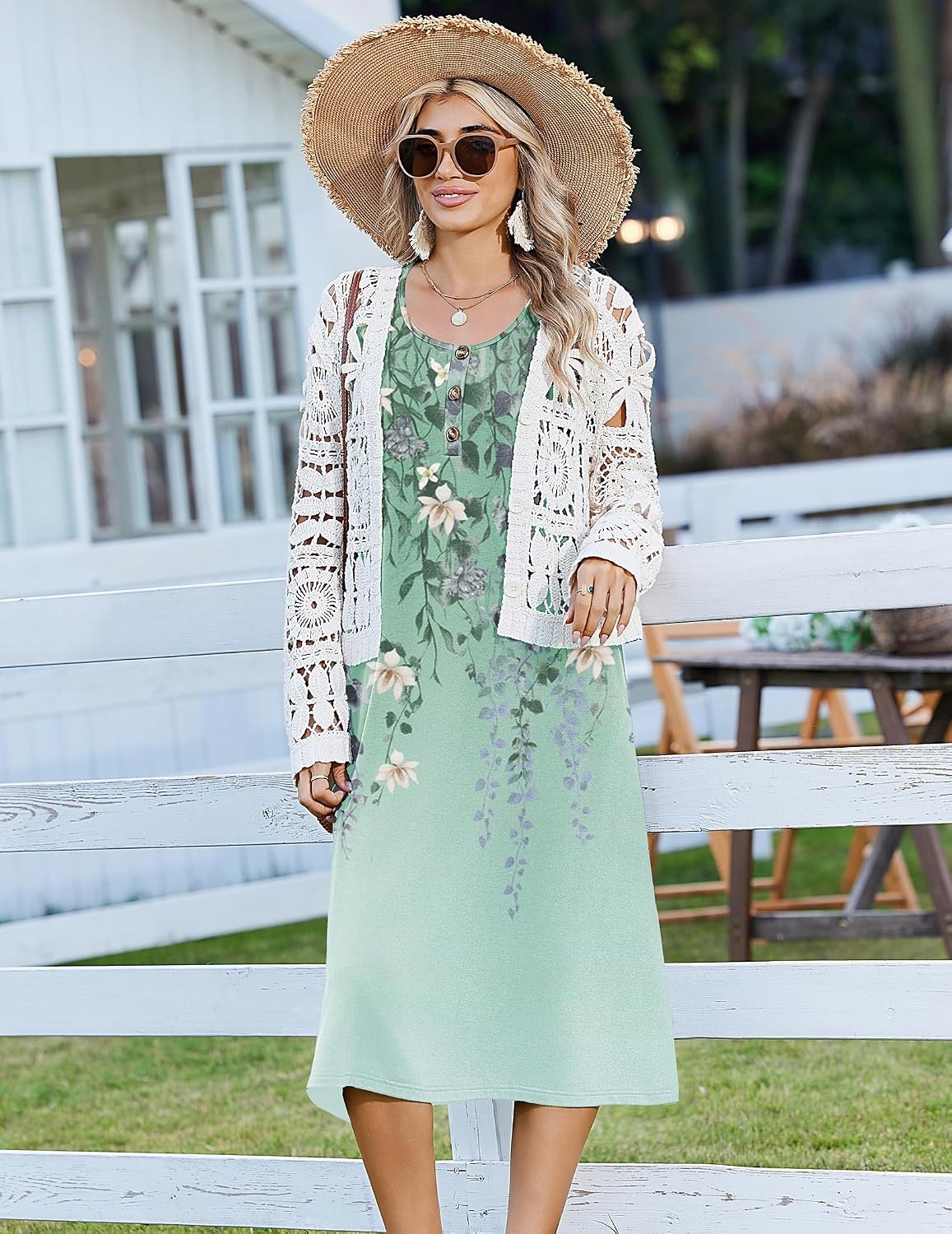image:imageZeagoo Women Beach Summer Midi Dress 2026 Sleeveless Casual Beachy Sundress Button Down Loose Tank Dresses with PocketsFloral Green