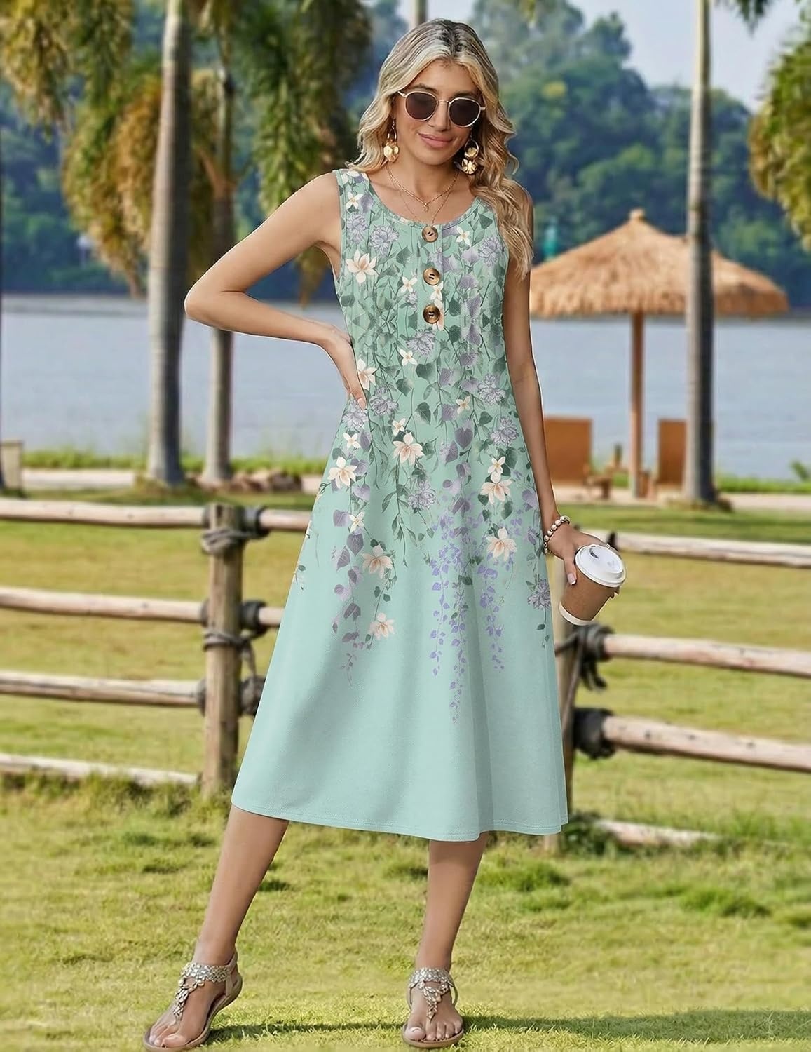 image:imageZeagoo Women Beach Summer Midi Dress 2026 Sleeveless Casual Beachy Sundress Button Down Loose Tank Dresses with PocketsFloral Green
