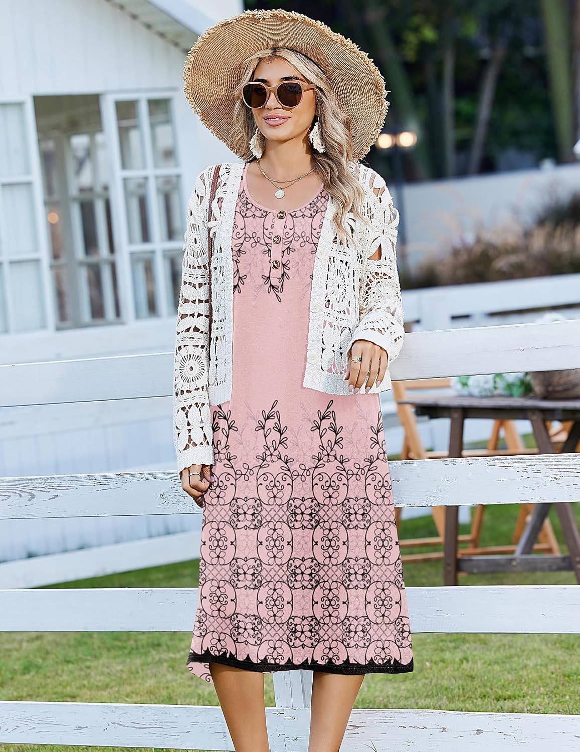 image:imageZeagoo Women Beach Summer Midi Dress 2026 Sleeveless Casual Beachy Sundress Button Down Loose Tank Dresses with PocketsFloral Pink