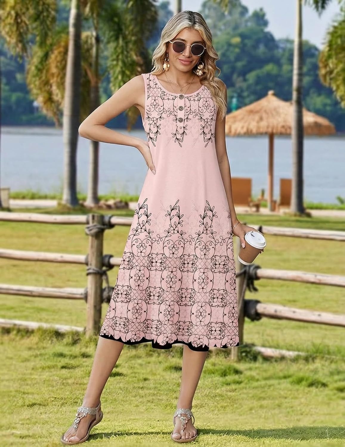 image:imageZeagoo Women Beach Summer Midi Dress 2026 Sleeveless Casual Beachy Sundress Button Down Loose Tank Dresses with PocketsFloral Pink