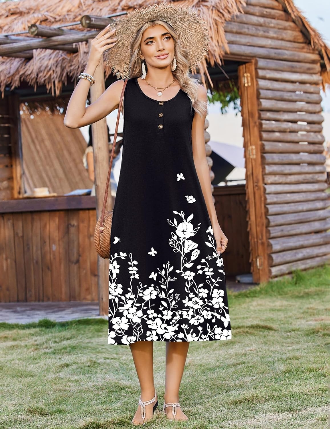image:imageZeagoo Women Beach Summer Midi Dress 2026 Sleeveless Casual Beachy Sundress Button Down Loose Tank Dresses with PocketsFlowersblack