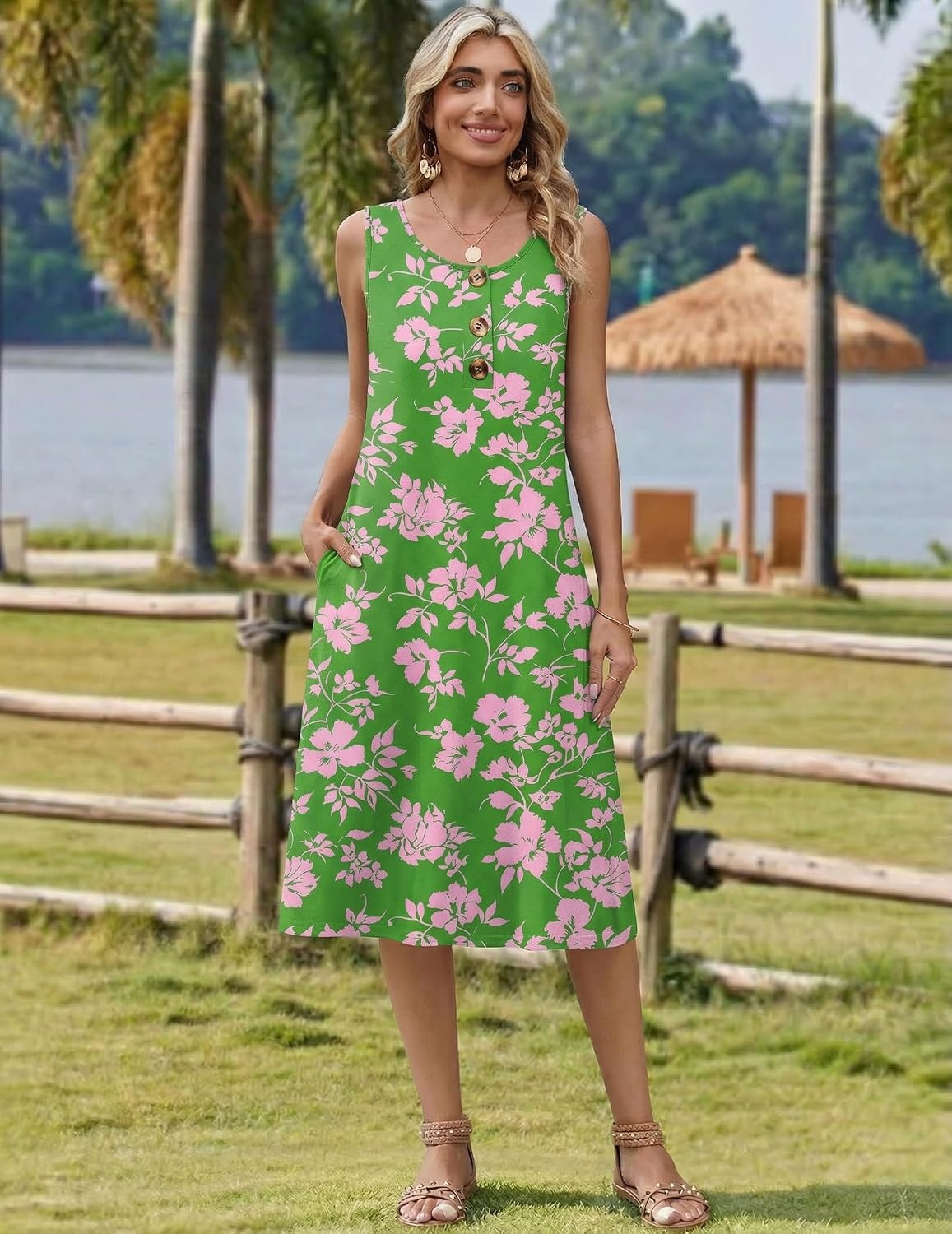image:imageZeagoo Women Beach Summer Midi Dress 2026 Sleeveless Casual Beachy Sundress Button Down Loose Tank Dresses with PocketsGreen Pink