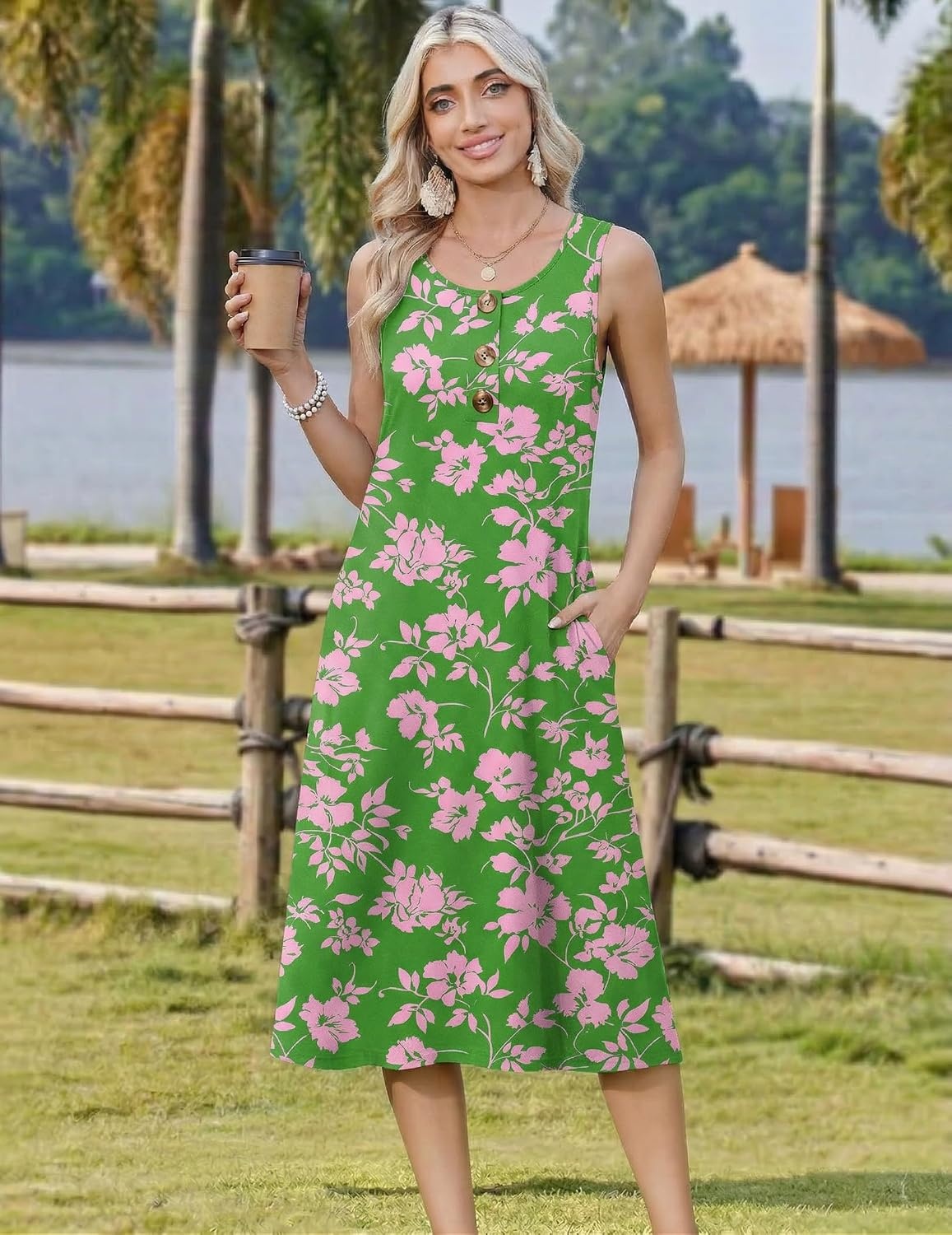 image:imageZeagoo Women Beach Summer Midi Dress 2026 Sleeveless Casual Beachy Sundress Button Down Loose Tank Dresses with PocketsGreen Pink
