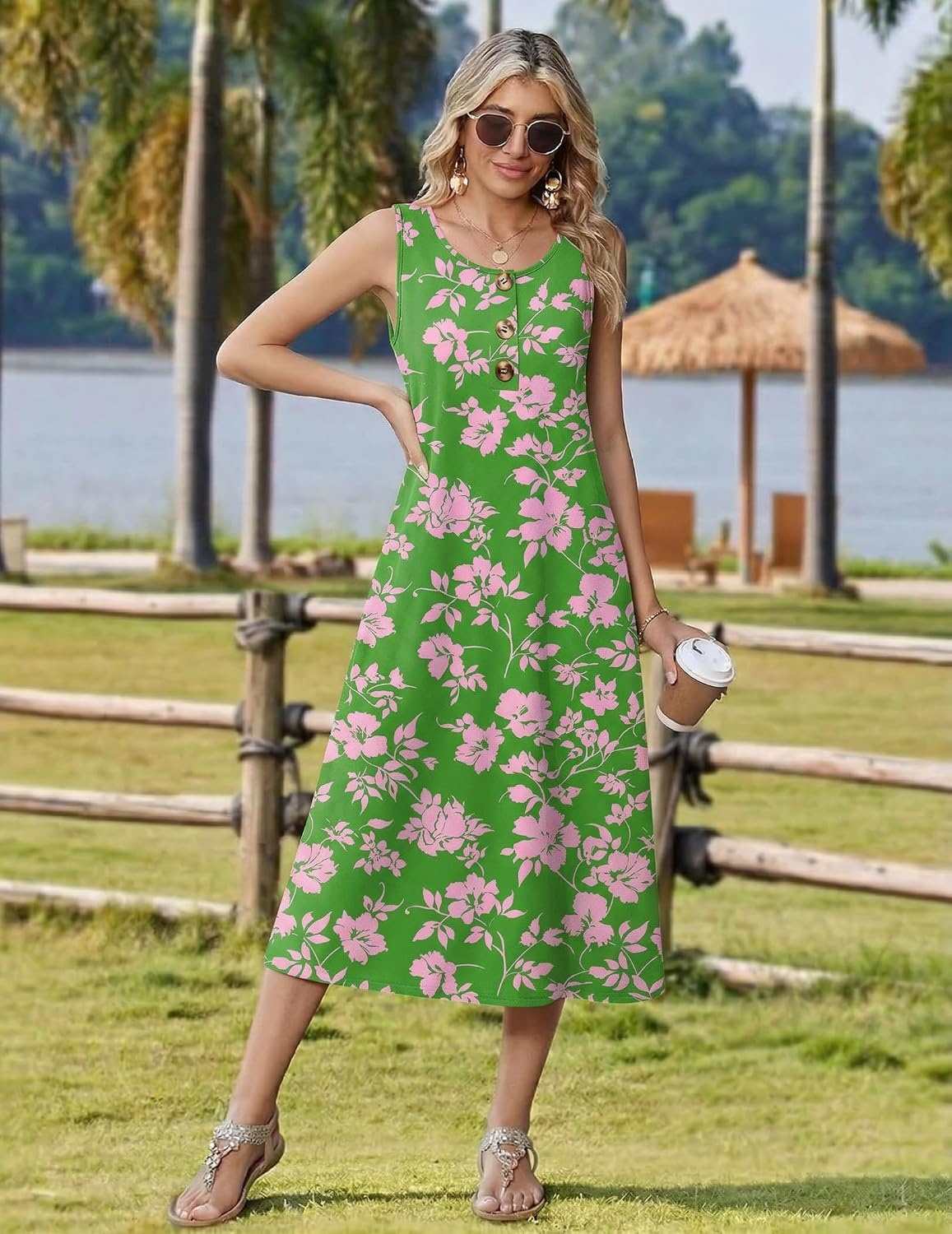 image:imageZeagoo Women Beach Summer Midi Dress 2026 Sleeveless Casual Beachy Sundress Button Down Loose Tank Dresses with PocketsGreen Pink