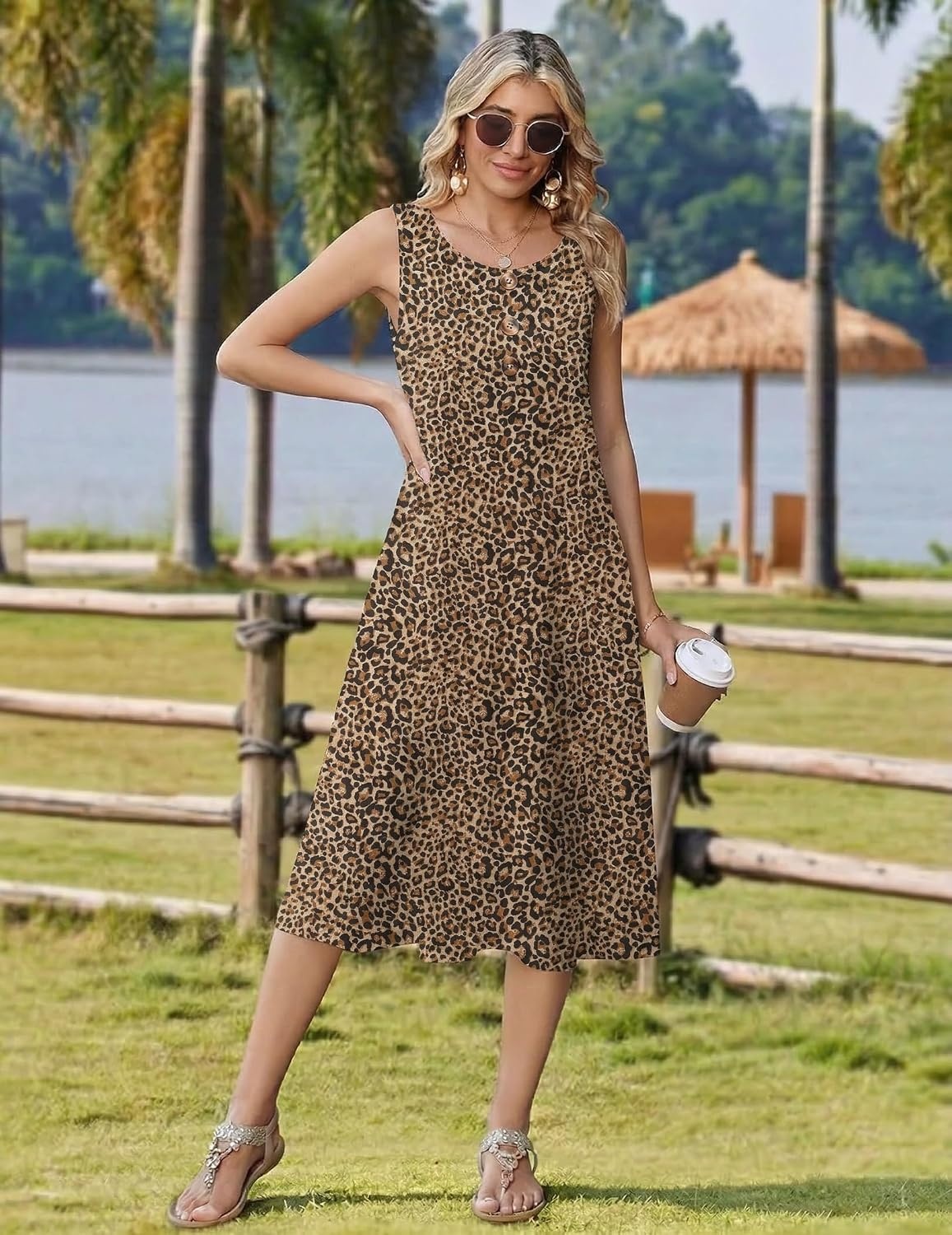 image:imageZeagoo Women Beach Summer Midi Dress 2026 Sleeveless Casual Beachy Sundress Button Down Loose Tank Dresses with PocketsLeopard Print