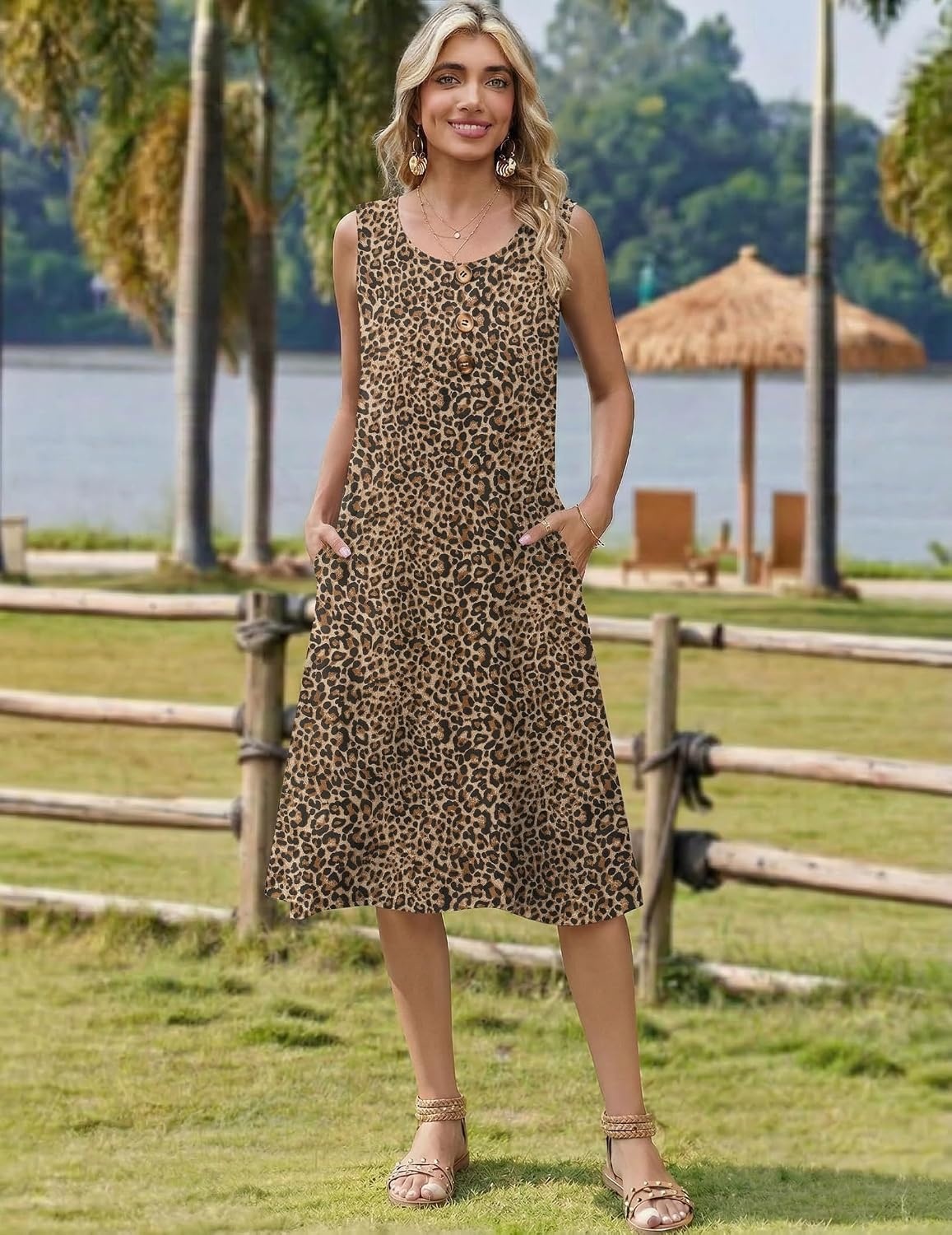 image:imageZeagoo Women Beach Summer Midi Dress 2026 Sleeveless Casual Beachy Sundress Button Down Loose Tank Dresses with PocketsLeopard Print