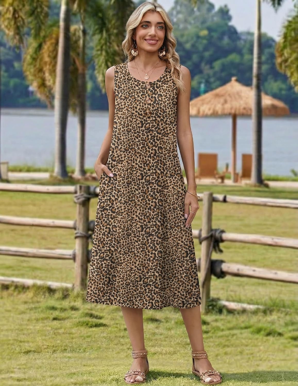 image:imageZeagoo Women Beach Summer Midi Dress 2026 Sleeveless Casual Beachy Sundress Button Down Loose Tank Dresses with PocketsLeopard Print