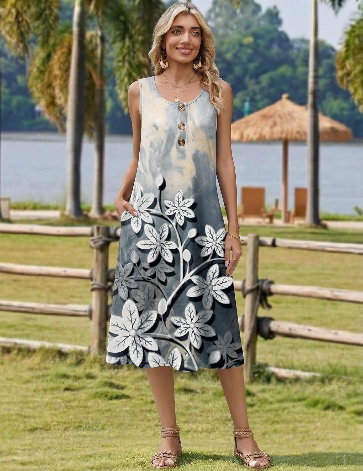image:imageZeagoo Women Beach Summer Midi Dress 2026 Sleeveless Casual Beachy Sundress Button Down Loose Tank Dresses with PocketsMarble Flowers
