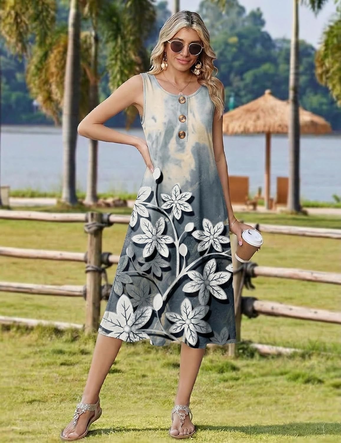 image:imageZeagoo Women Beach Summer Midi Dress 2026 Sleeveless Casual Beachy Sundress Button Down Loose Tank Dresses with PocketsMarble Flowers