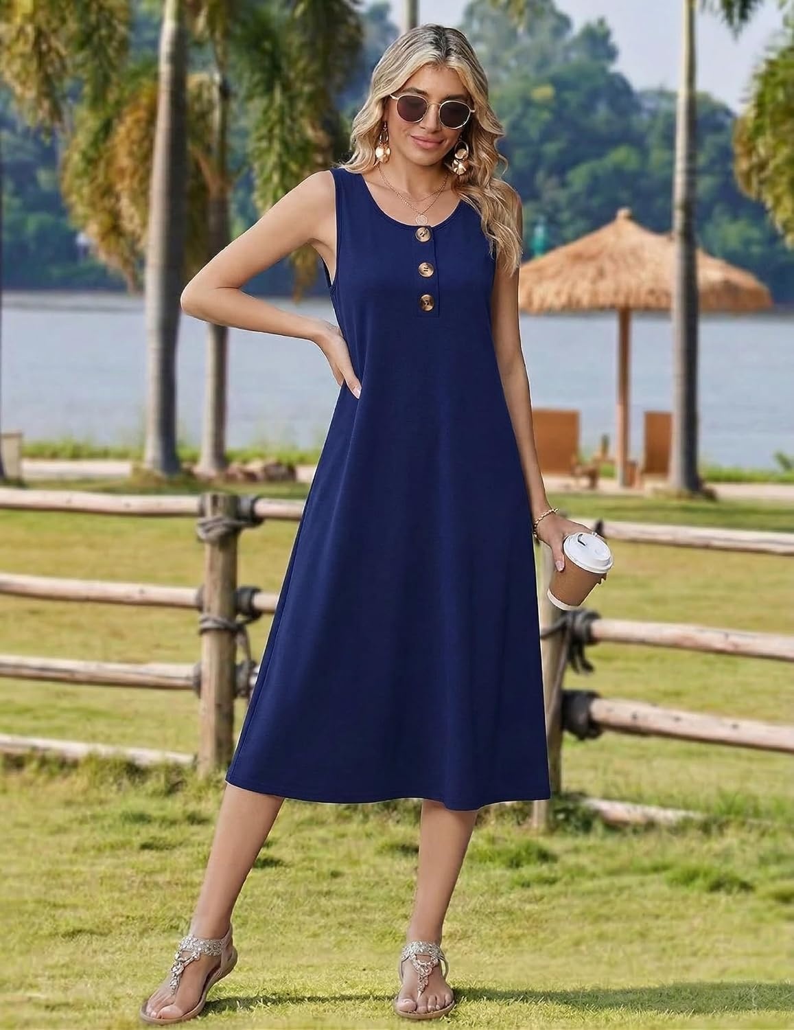image:imageZeagoo Women Beach Summer Midi Dress 2026 Sleeveless Casual Beachy Sundress Button Down Loose Tank Dresses with PocketsNavy