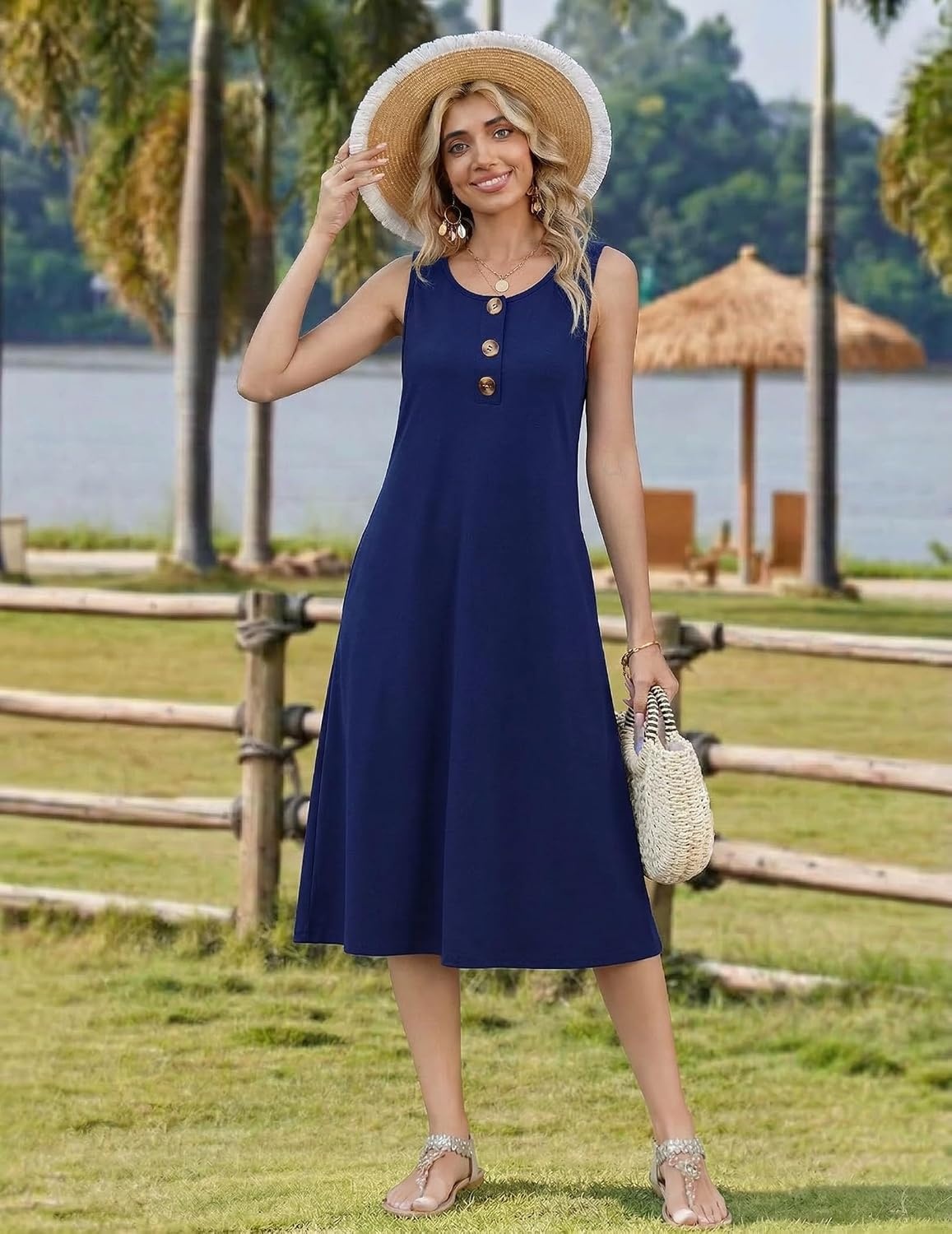 image:imageZeagoo Women Beach Summer Midi Dress 2026 Sleeveless Casual Beachy Sundress Button Down Loose Tank Dresses with PocketsNavy
