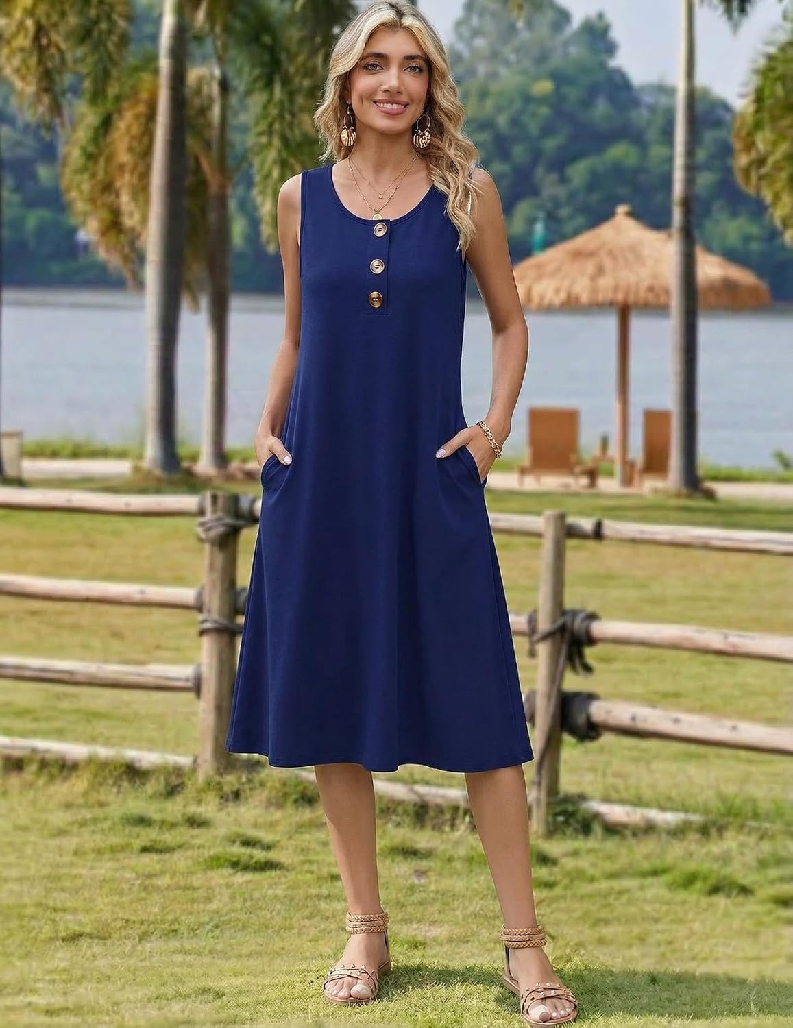 image:imageZeagoo Women Beach Summer Midi Dress 2026 Sleeveless Casual Beachy Sundress Button Down Loose Tank Dresses with PocketsNavy