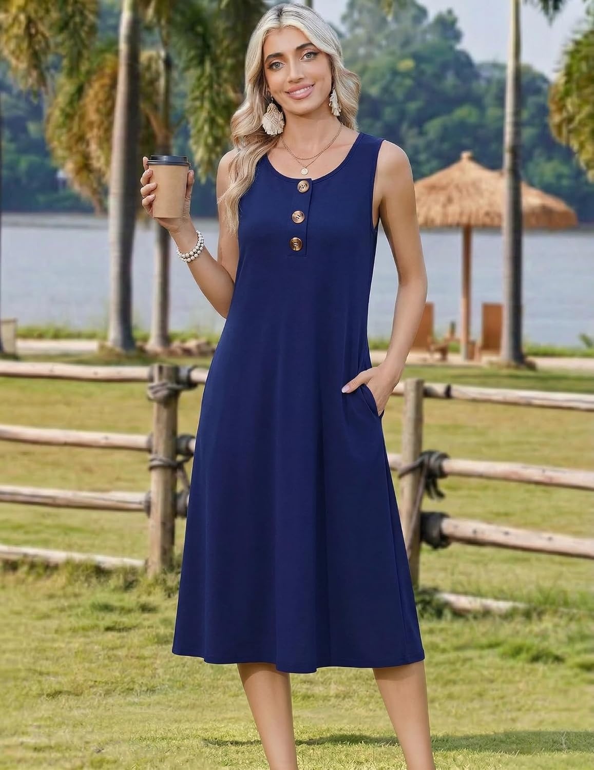 image:imageZeagoo Women Beach Summer Midi Dress 2026 Sleeveless Casual Beachy Sundress Button Down Loose Tank Dresses with PocketsNavy