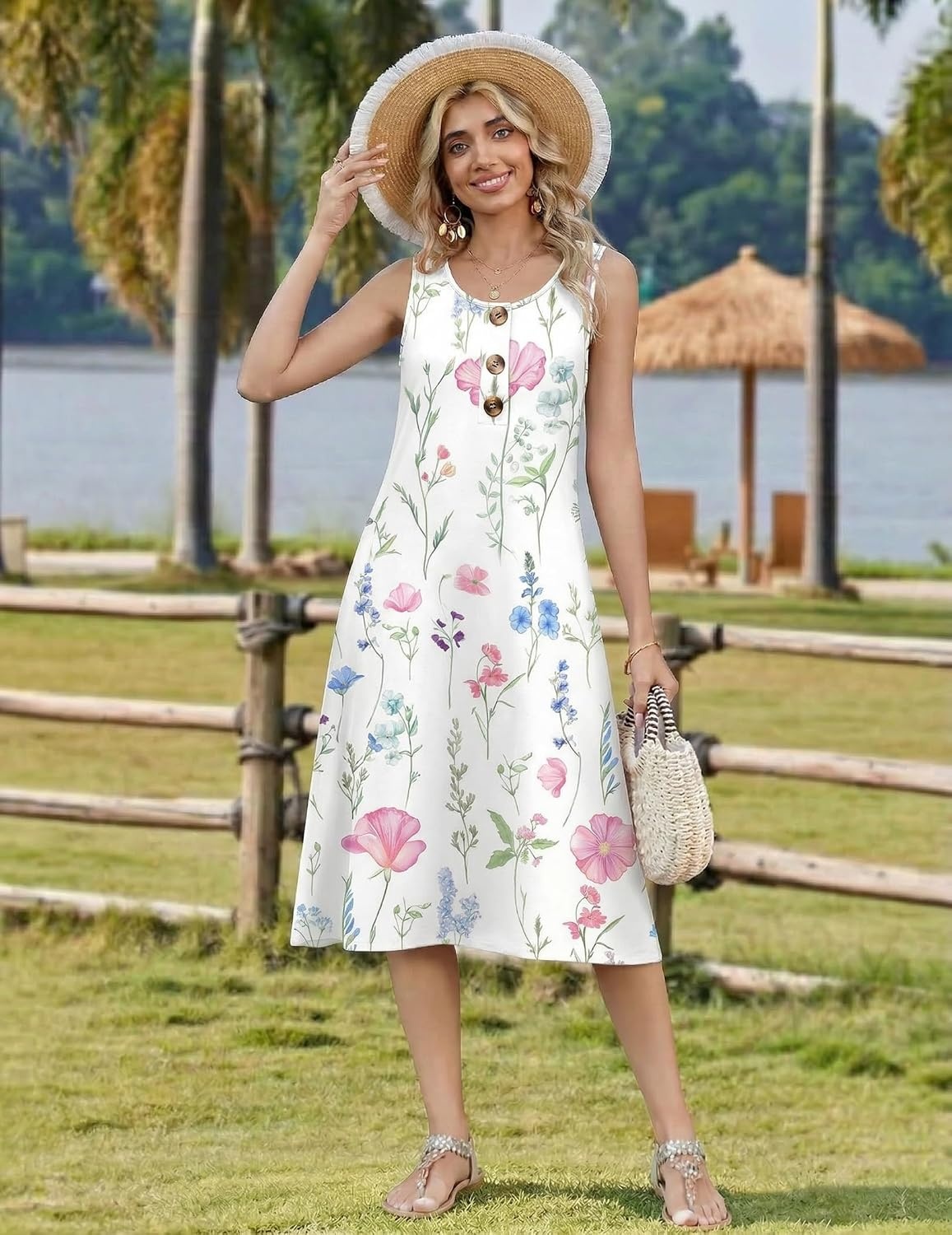 image:imageZeagoo Women Beach Summer Midi Dress 2026 Sleeveless Casual Beachy Sundress Button Down Loose Tank Dresses with PocketsPink Flowers