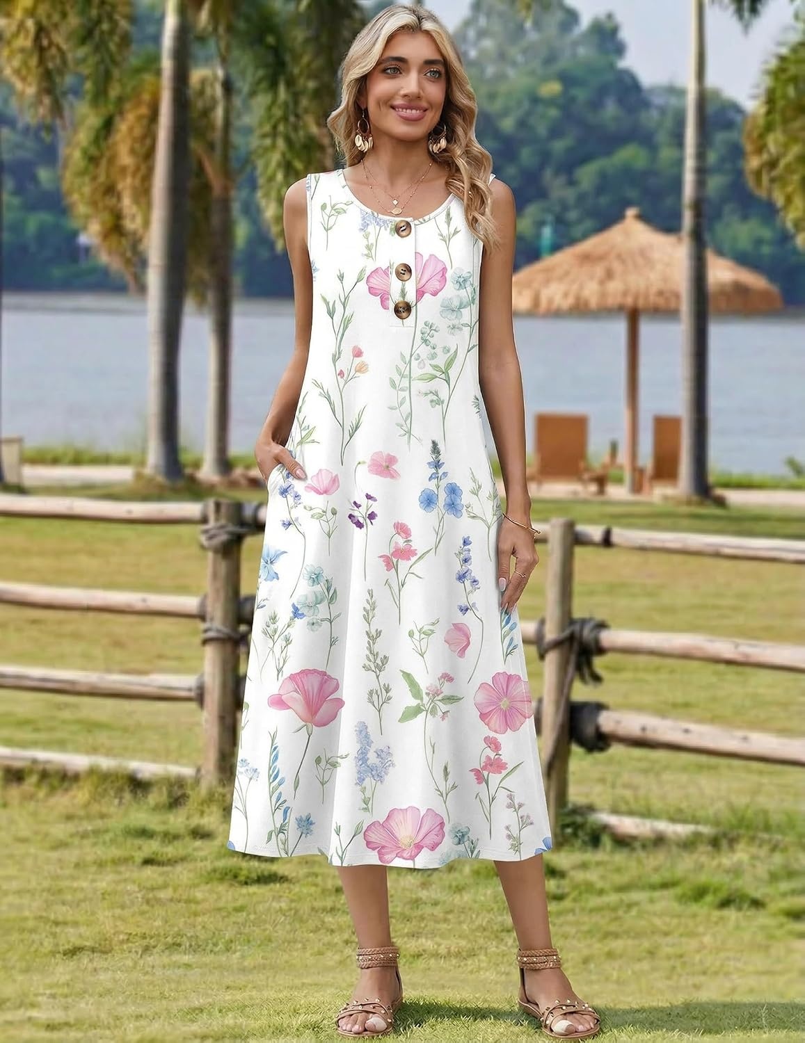 image:imageZeagoo Women Beach Summer Midi Dress 2026 Sleeveless Casual Beachy Sundress Button Down Loose Tank Dresses with PocketsPink Flowers