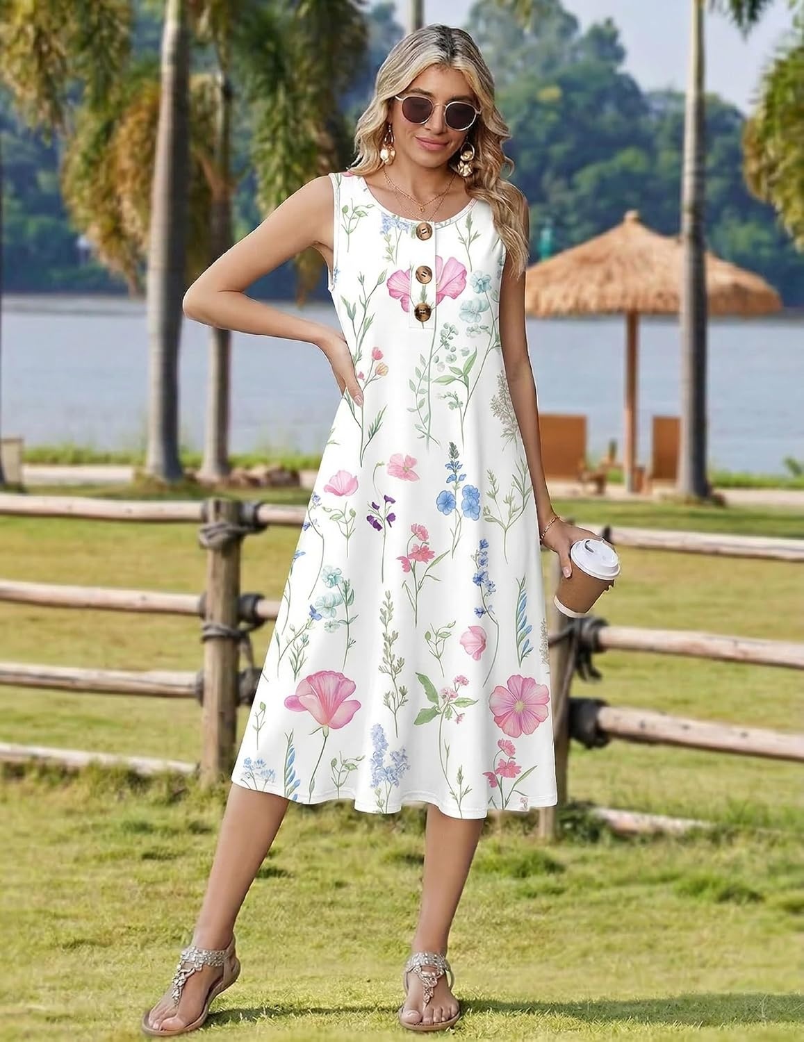 image:imageZeagoo Women Beach Summer Midi Dress 2026 Sleeveless Casual Beachy Sundress Button Down Loose Tank Dresses with PocketsPink Flowers