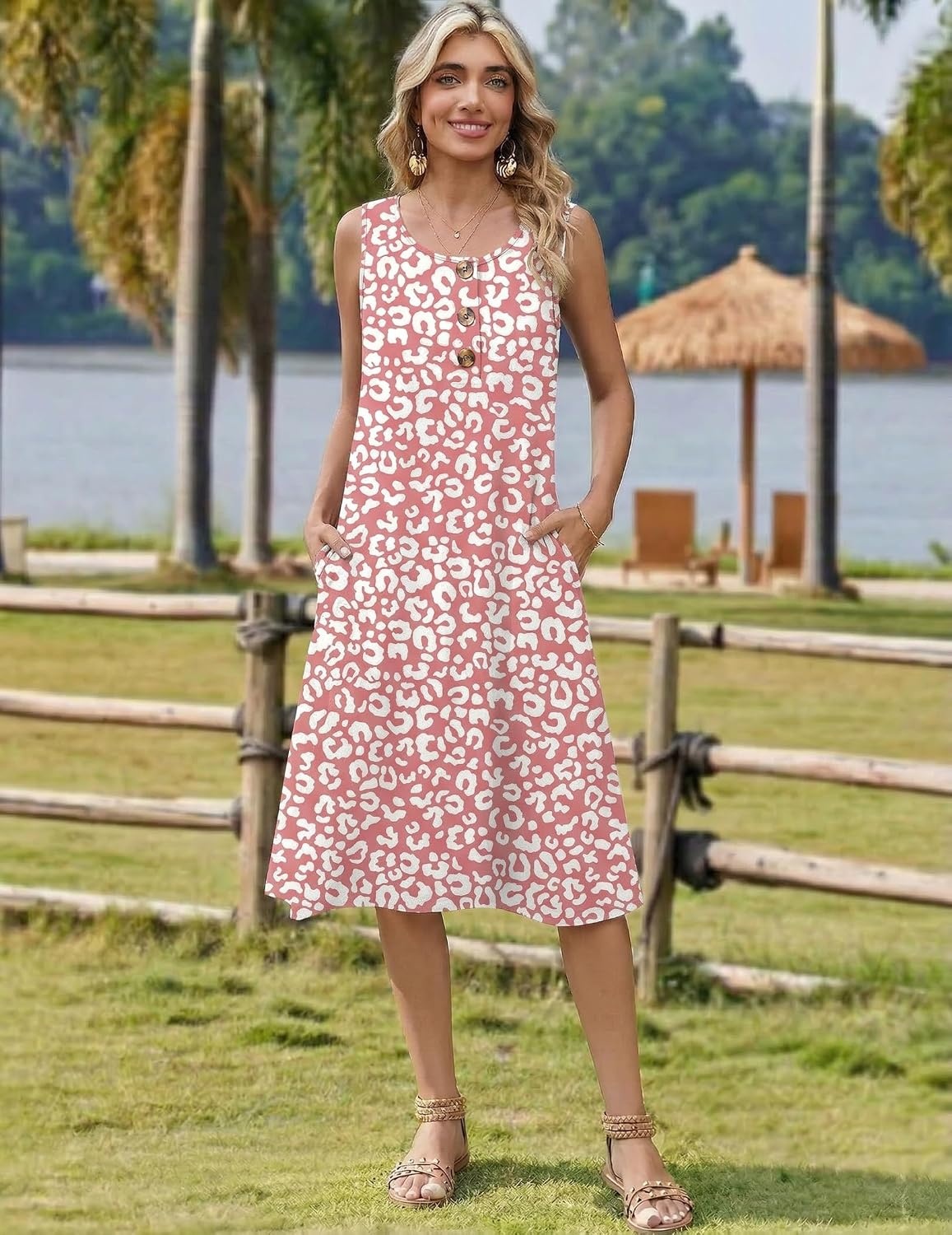 image:imageZeagoo Women Beach Summer Midi Dress 2026 Sleeveless Casual Beachy Sundress Button Down Loose Tank Dresses with PocketsPink White