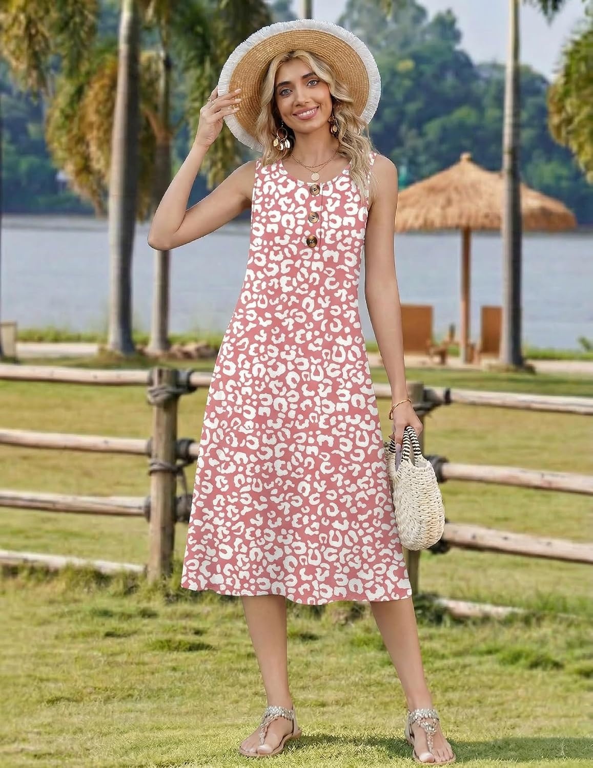 image:imageZeagoo Women Beach Summer Midi Dress 2026 Sleeveless Casual Beachy Sundress Button Down Loose Tank Dresses with PocketsPink White