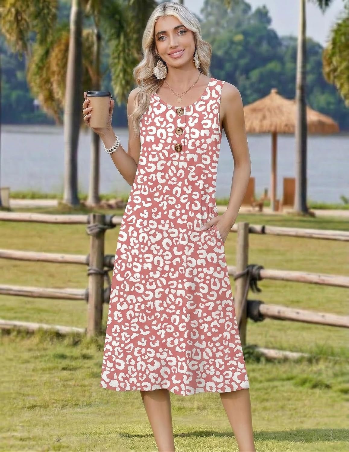 image:imageZeagoo Women Beach Summer Midi Dress 2026 Sleeveless Casual Beachy Sundress Button Down Loose Tank Dresses with PocketsPink White