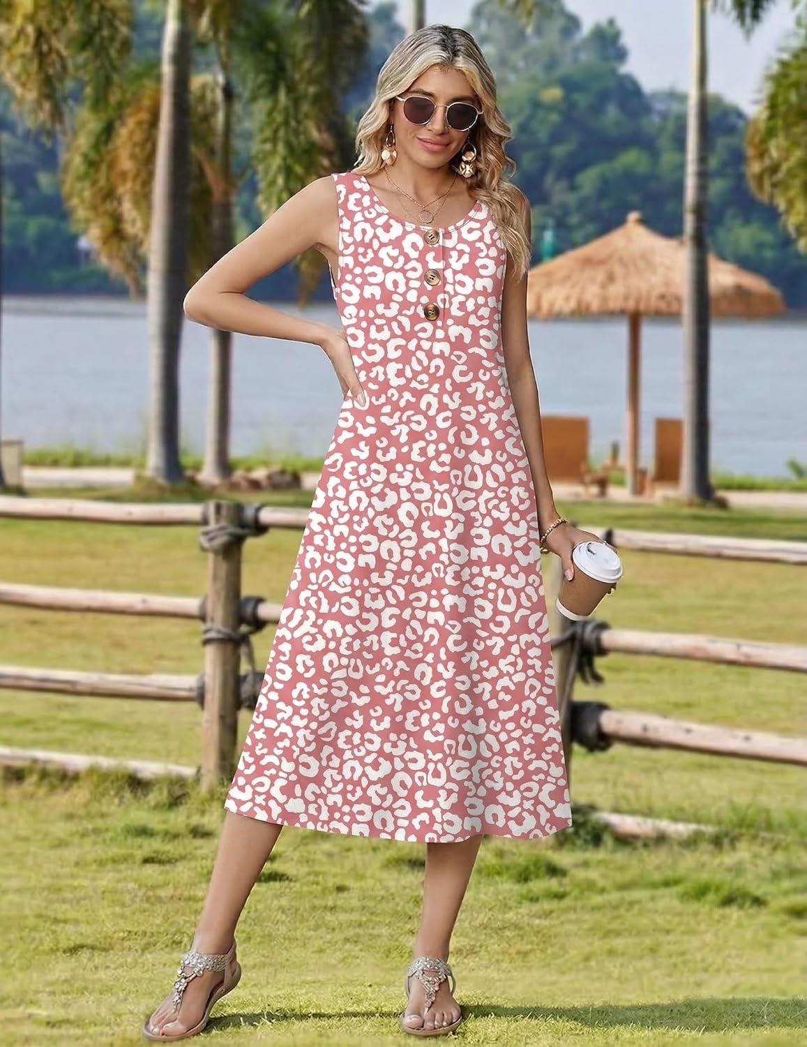 image:imageZeagoo Women Beach Summer Midi Dress 2026 Sleeveless Casual Beachy Sundress Button Down Loose Tank Dresses with PocketsPink White