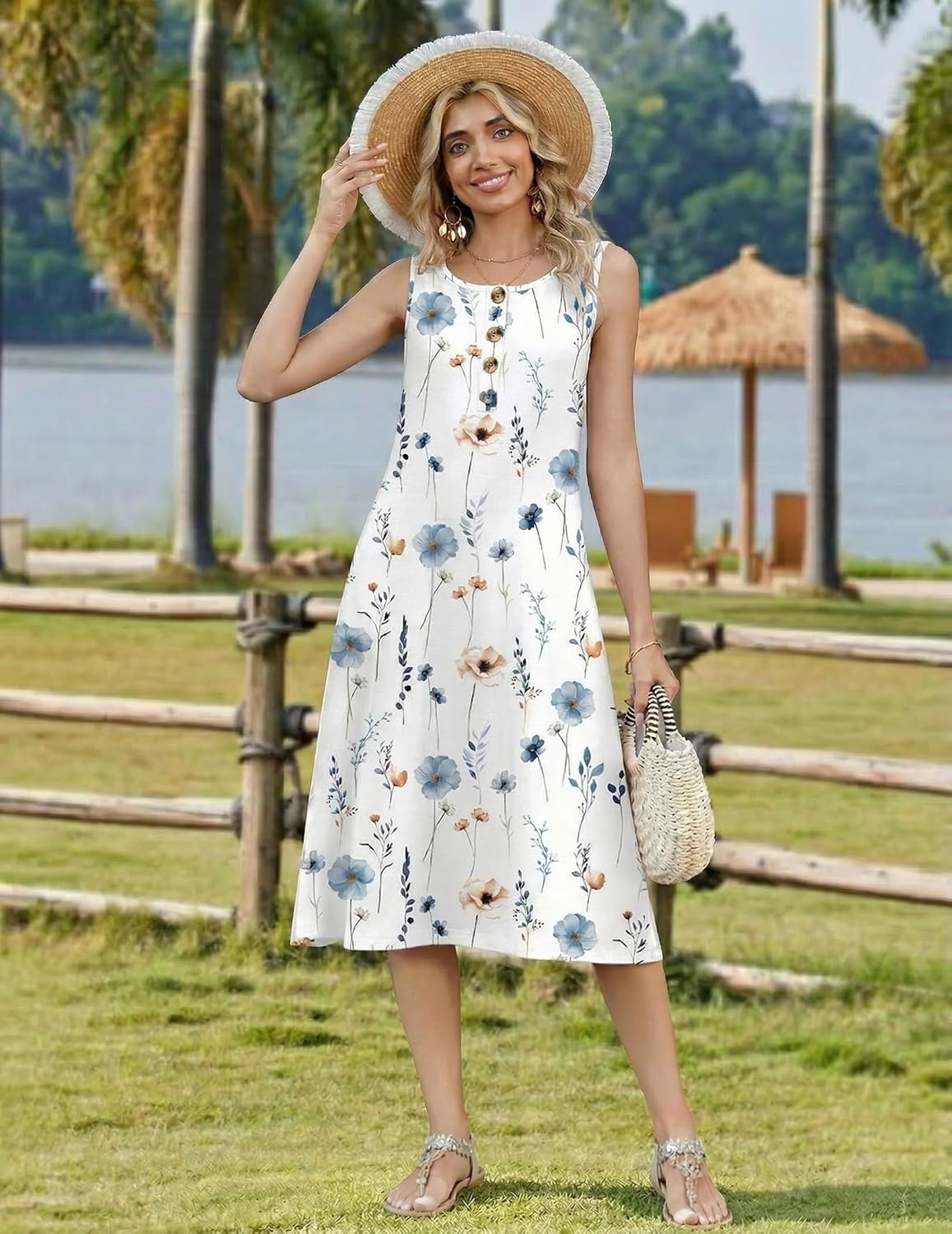 image:imageZeagoo Women Beach Summer Midi Dress 2026 Sleeveless Casual Beachy Sundress Button Down Loose Tank Dresses with PocketsWhite Blue