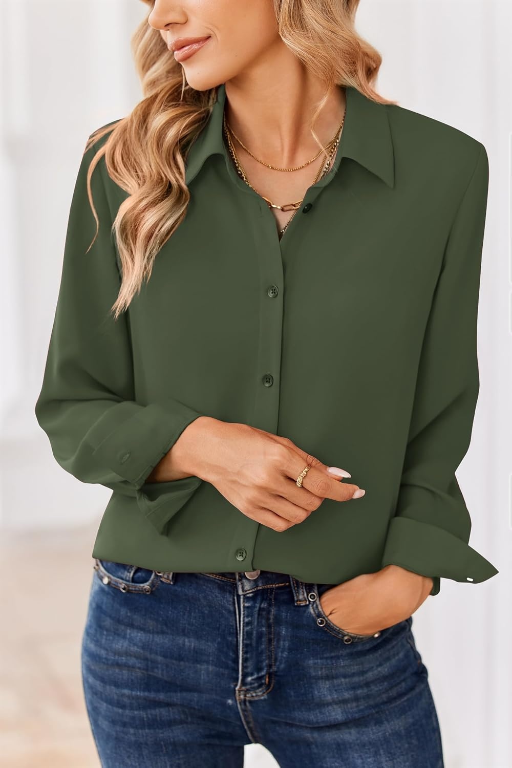 image:imageZeagoo Women Blouses Chiffon Long Sleeve Button Down Shirts Business TopsArmy Green