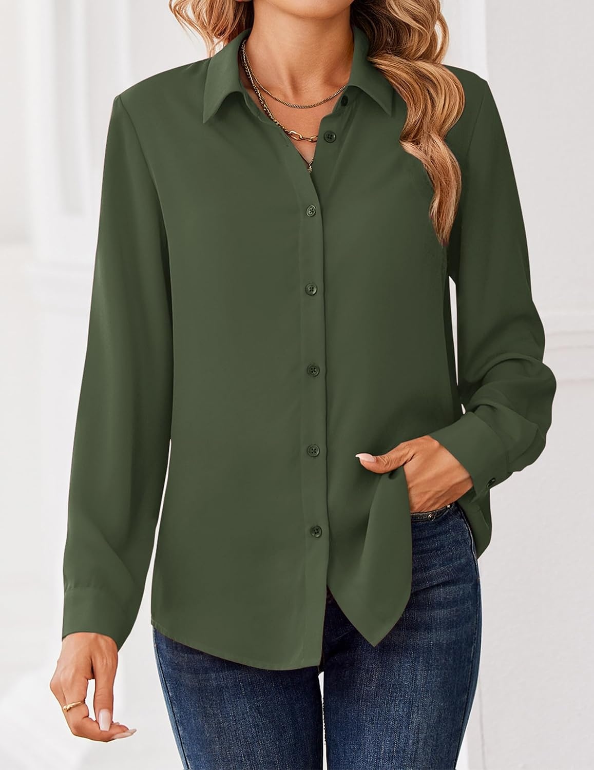 image:imageZeagoo Women Blouses Chiffon Long Sleeve Button Down Shirts Business TopsArmy Green