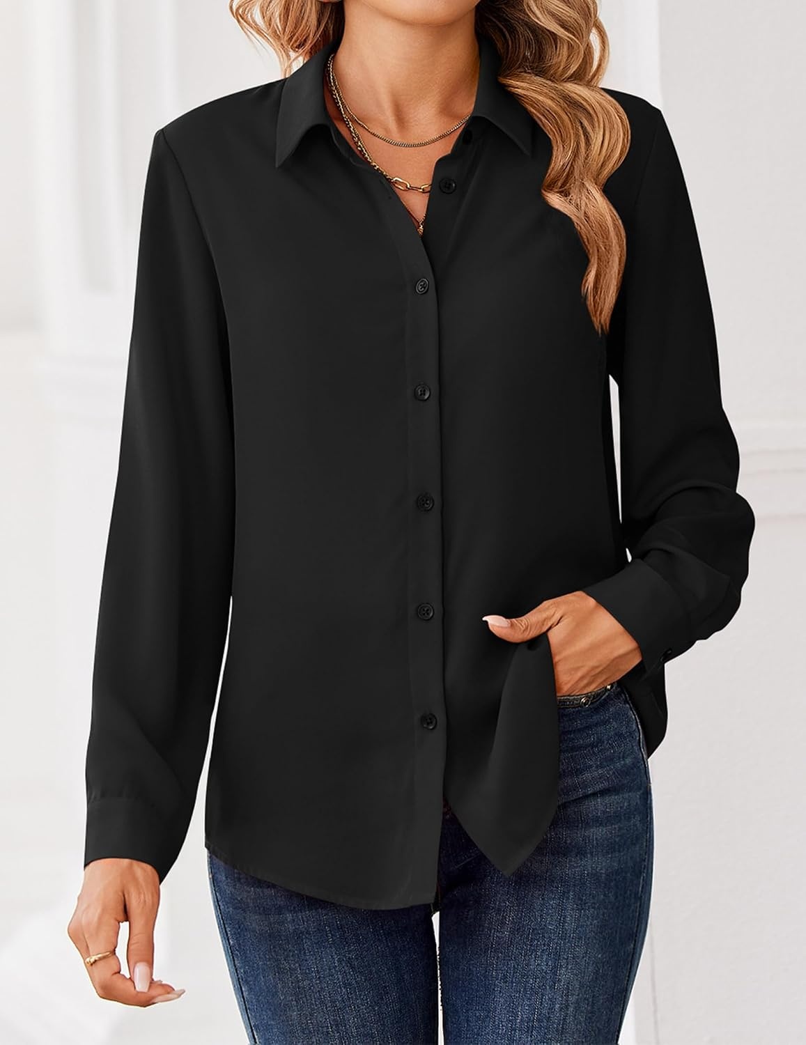 image:imageZeagoo Women Blouses Chiffon Long Sleeve Button Down Shirts Business TopsBlack