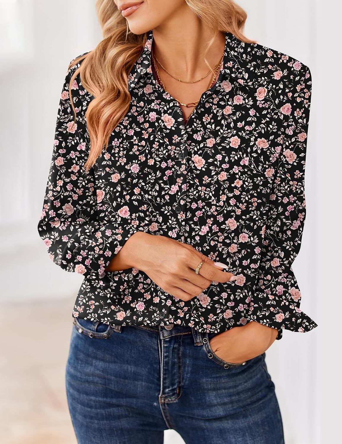image:imageZeagoo Women Blouses Chiffon Long Sleeve Button Down Shirts Business TopsBlack Floral