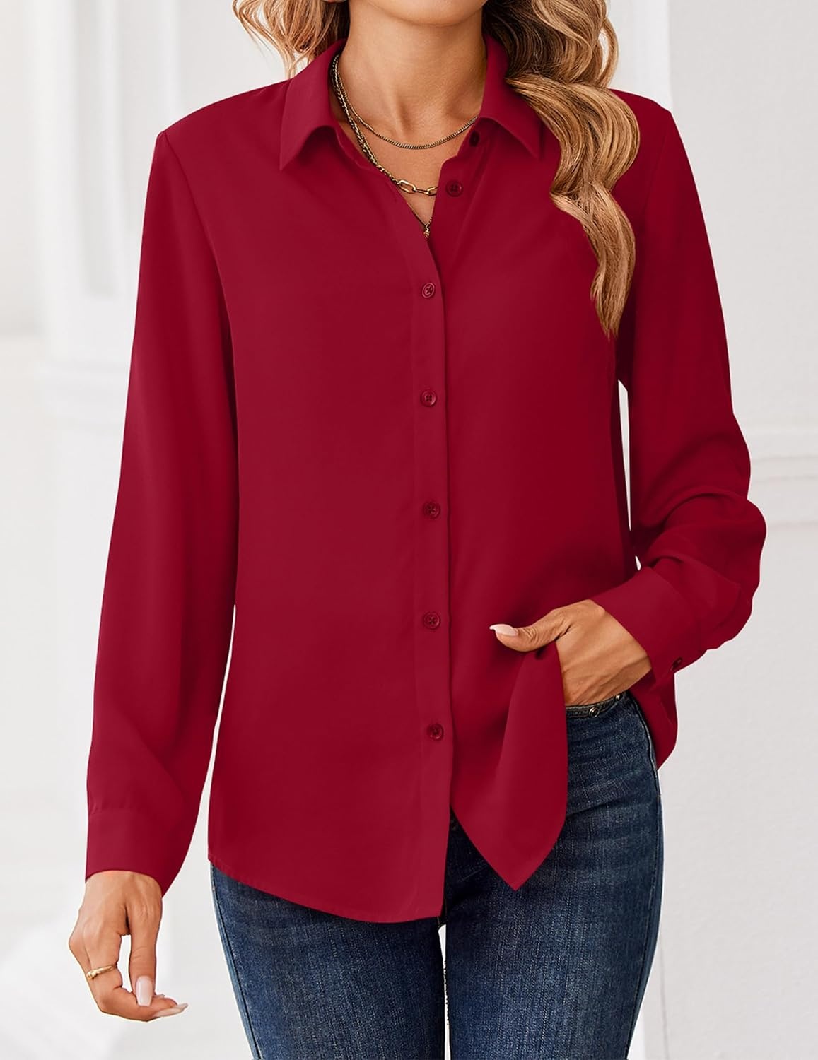 image:imageZeagoo Women Blouses Chiffon Long Sleeve Button Down Shirts Business TopsDark Red