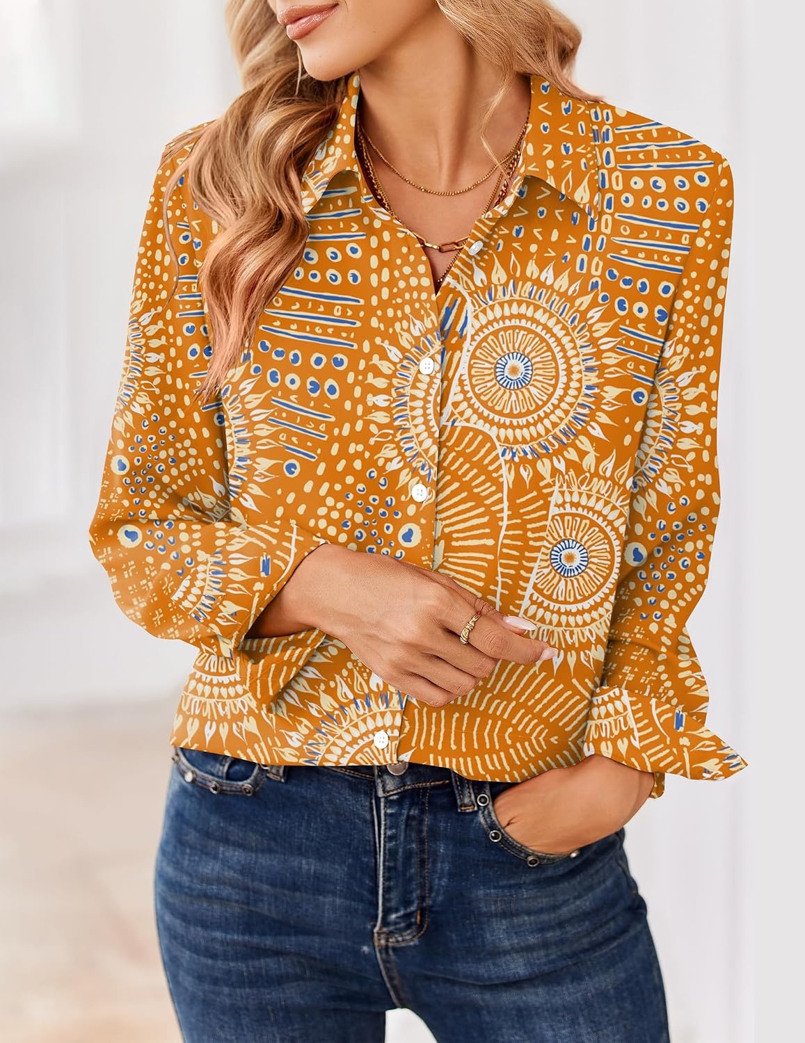 image:imageZeagoo Women Blouses Chiffon Long Sleeve Button Down Shirts Business TopsMandala Pattern