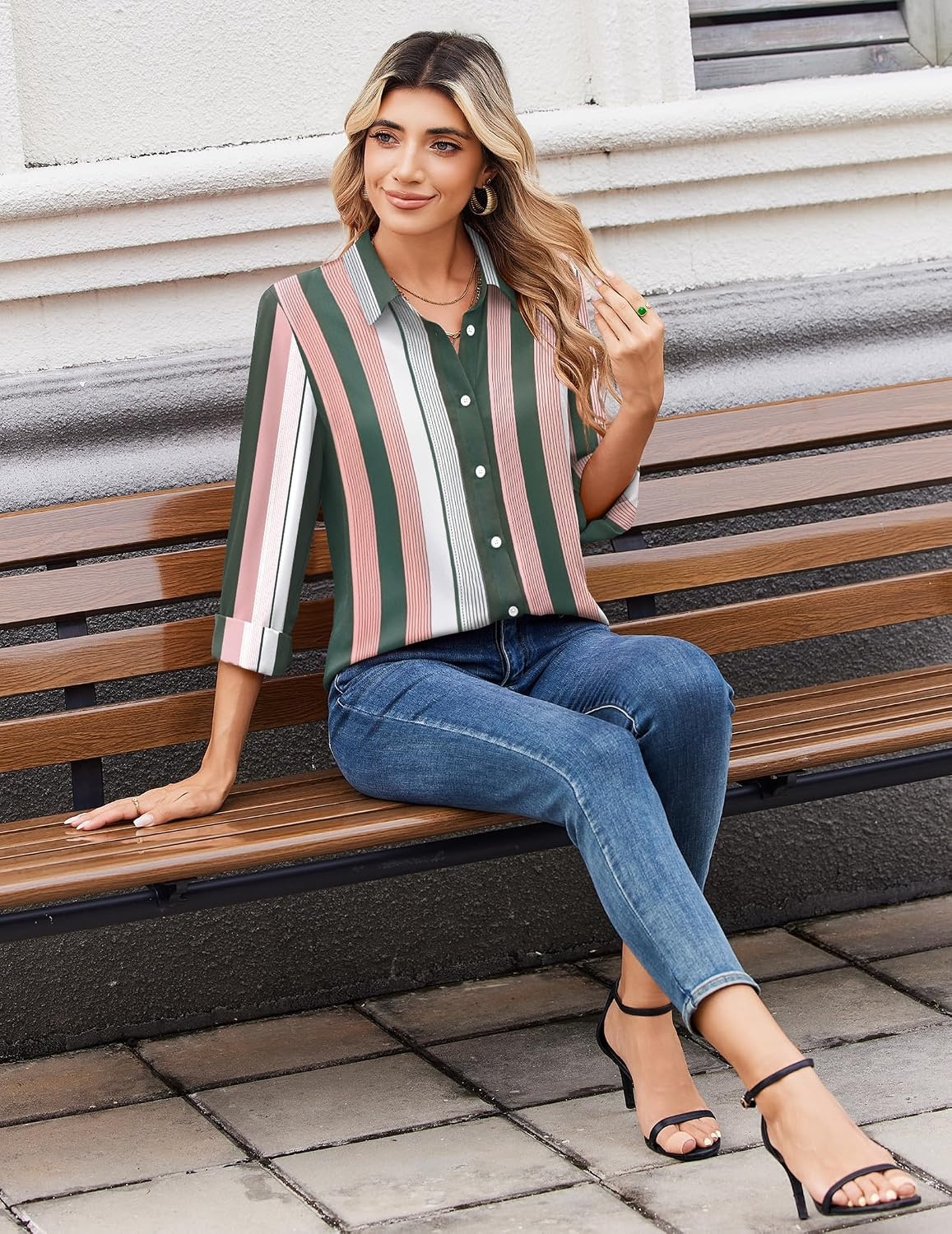 image:imageZeagoo Women Blouses Chiffon Long Sleeve Button Down Shirts Business TopsMulticolor Stripes