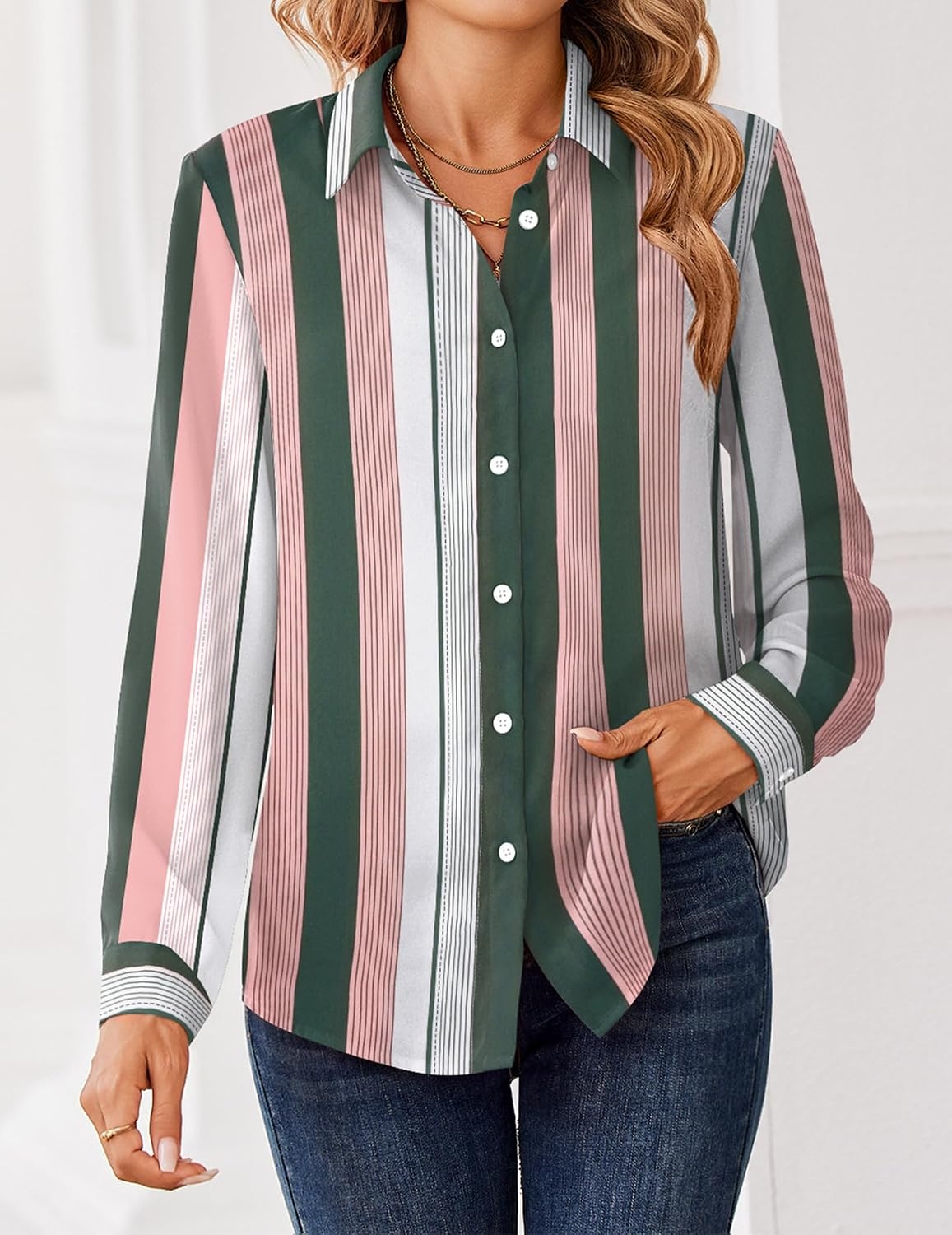 image:imageZeagoo Women Blouses Chiffon Long Sleeve Button Down Shirts Business TopsMulticolor Stripes