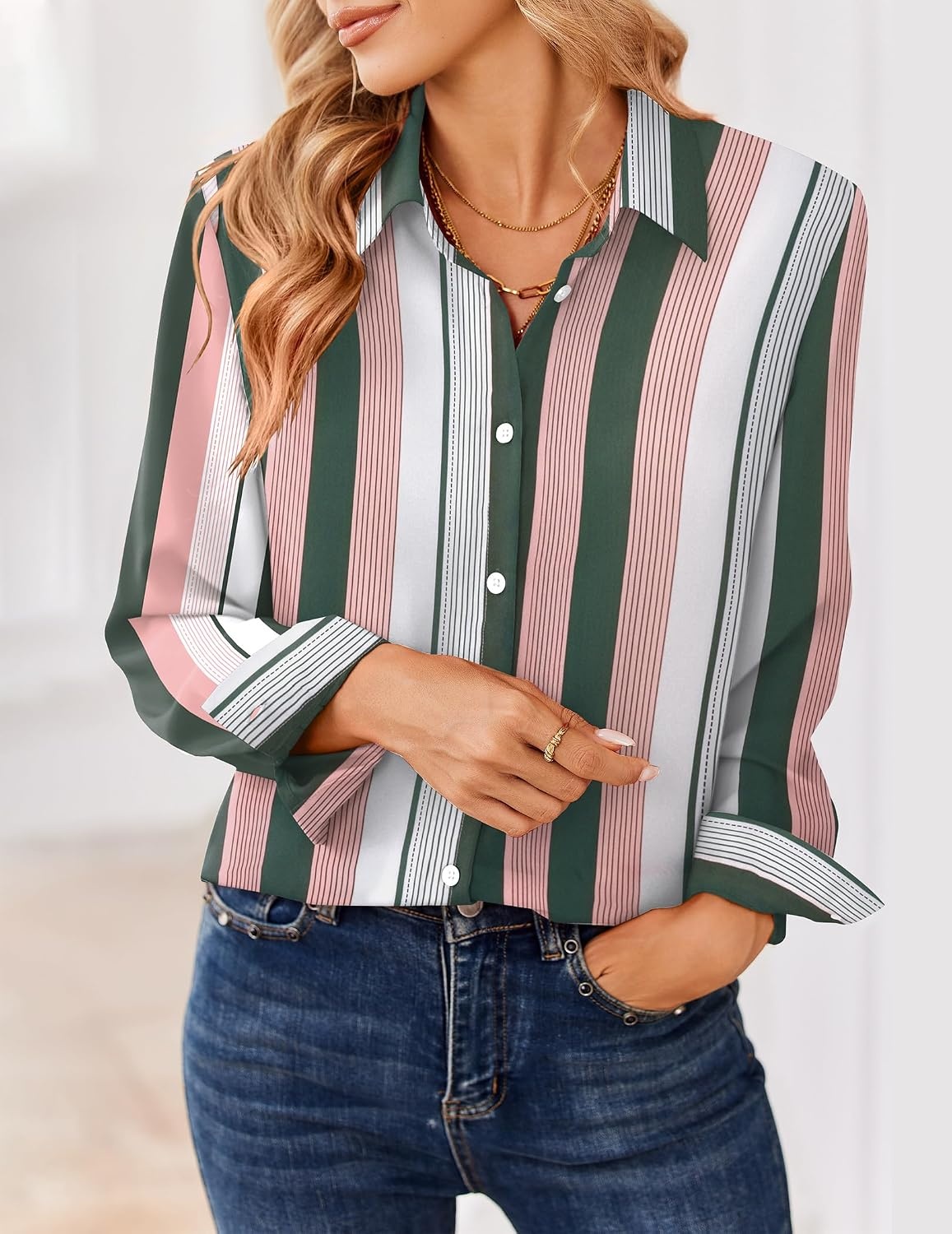 image:imageZeagoo Women Blouses Chiffon Long Sleeve Button Down Shirts Business TopsMulticolor Stripes
