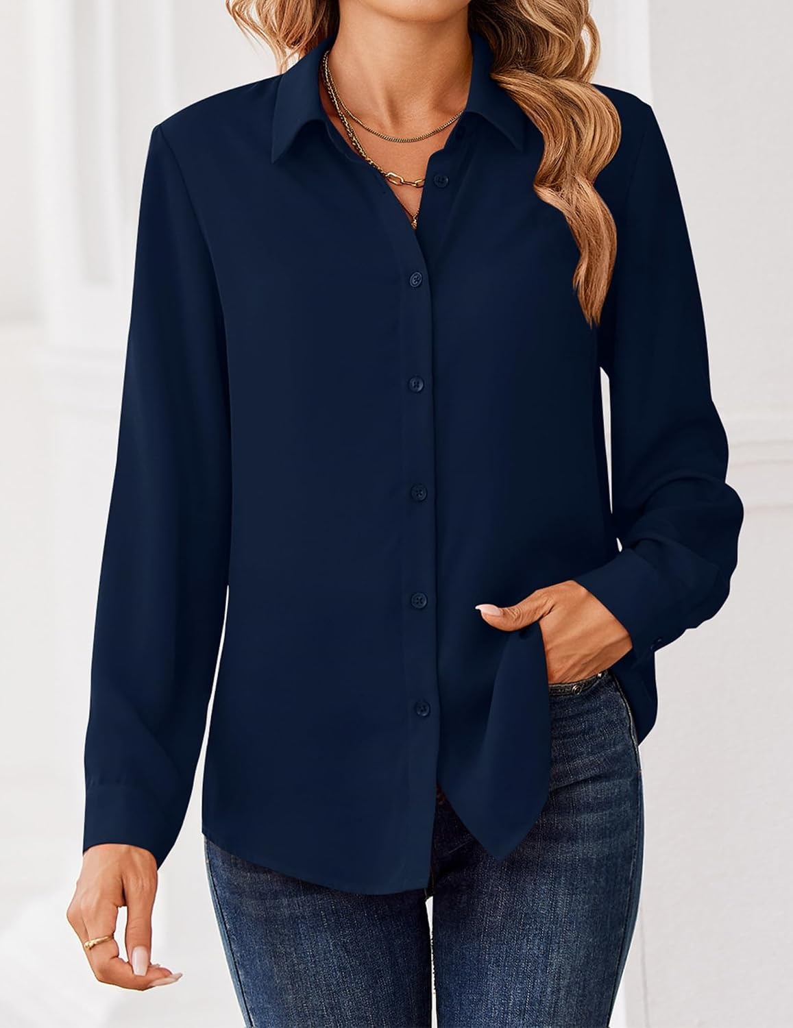 image:imageZeagoo Women Blouses Chiffon Long Sleeve Button Down Shirts Business TopsNavy Blue