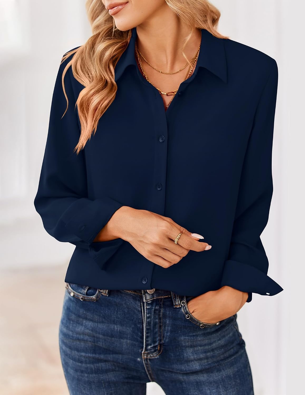 image:imageZeagoo Women Blouses Chiffon Long Sleeve Button Down Shirts Business TopsNavy Blue