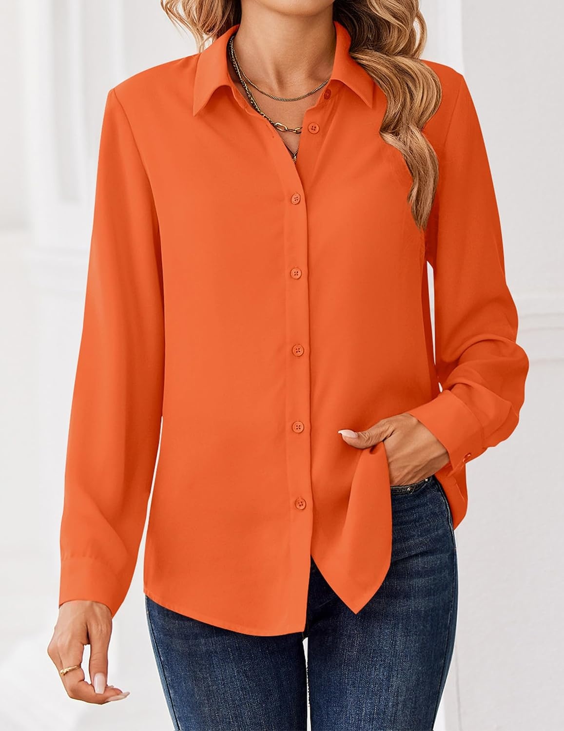 image:imageZeagoo Women Blouses Chiffon Long Sleeve Button Down Shirts Business TopsOrange