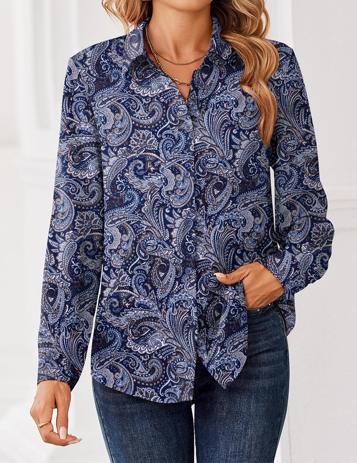 image:imageZeagoo Women Blouses Chiffon Long Sleeve Button Down Shirts Business TopsPaisley Navy