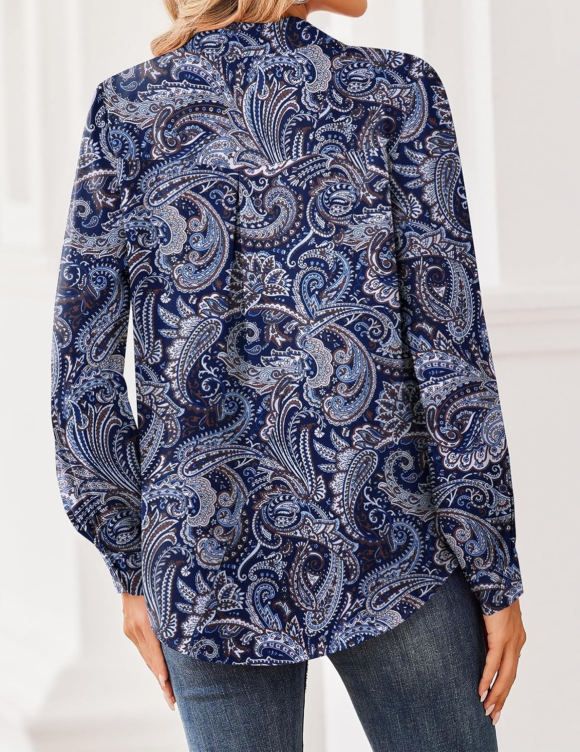 image:imageZeagoo Women Blouses Chiffon Long Sleeve Button Down Shirts Business TopsPaisley Navy