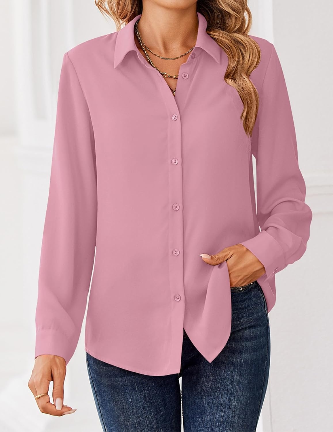 image:imageZeagoo Women Blouses Chiffon Long Sleeve Button Down Shirts Business TopsPink