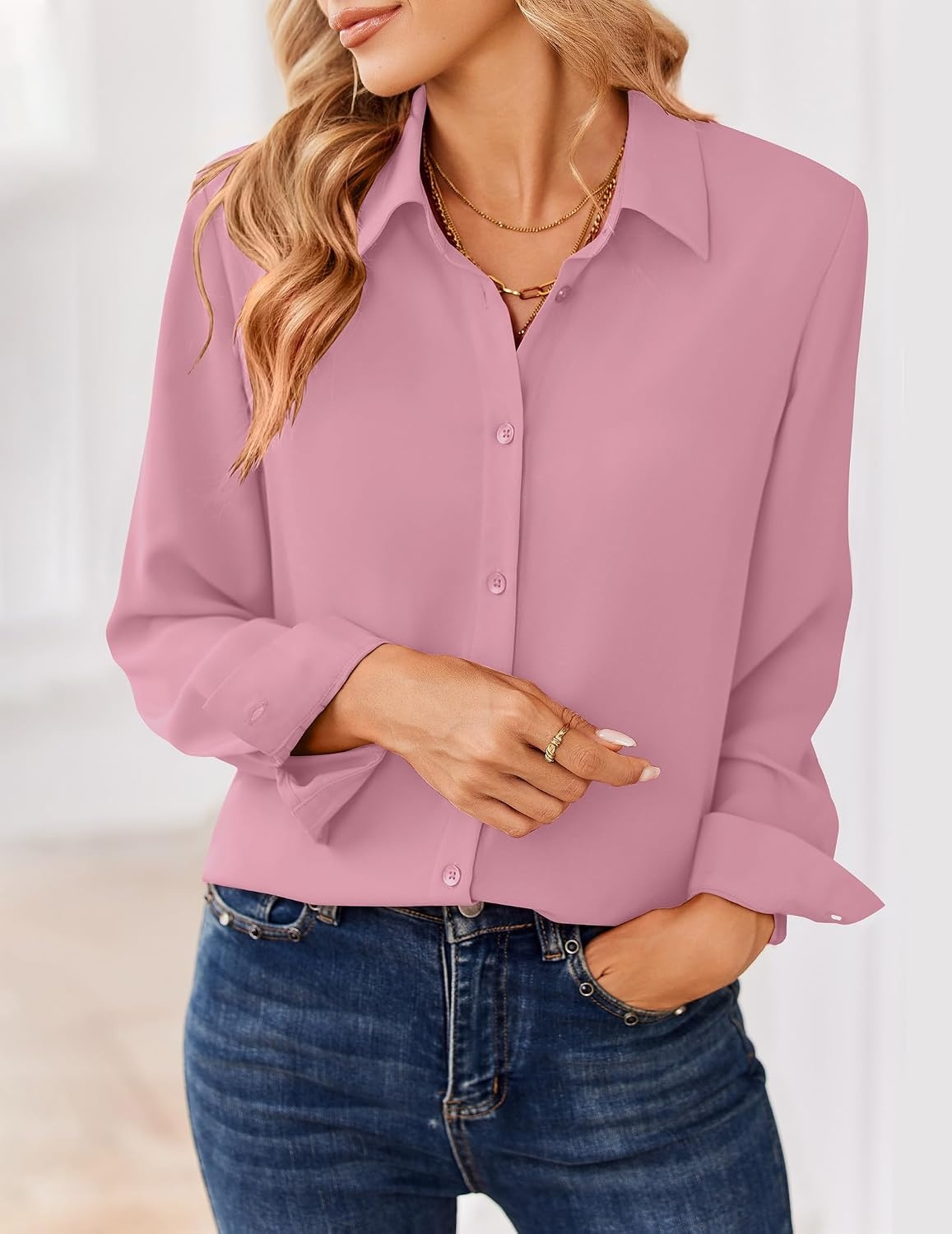 image:imageZeagoo Women Blouses Chiffon Long Sleeve Button Down Shirts Business TopsPink