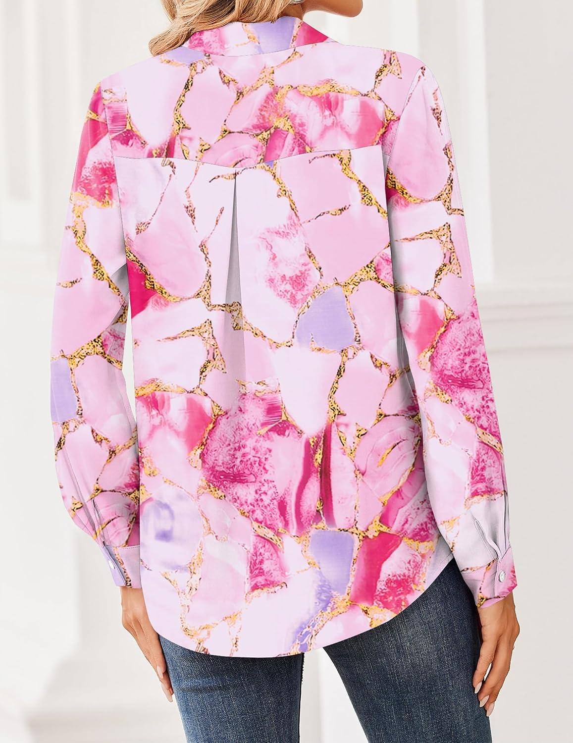 image:imageZeagoo Women Blouses Chiffon Long Sleeve Button Down Shirts Business TopsPink Marble Pattern
