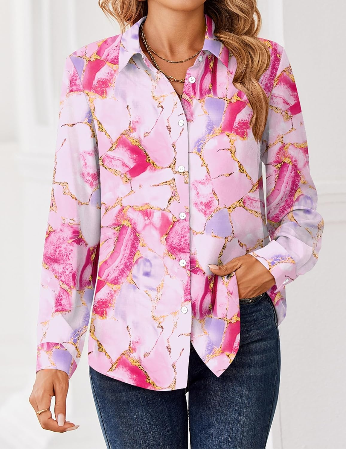 image:imageZeagoo Women Blouses Chiffon Long Sleeve Button Down Shirts Business TopsPink Marble Pattern